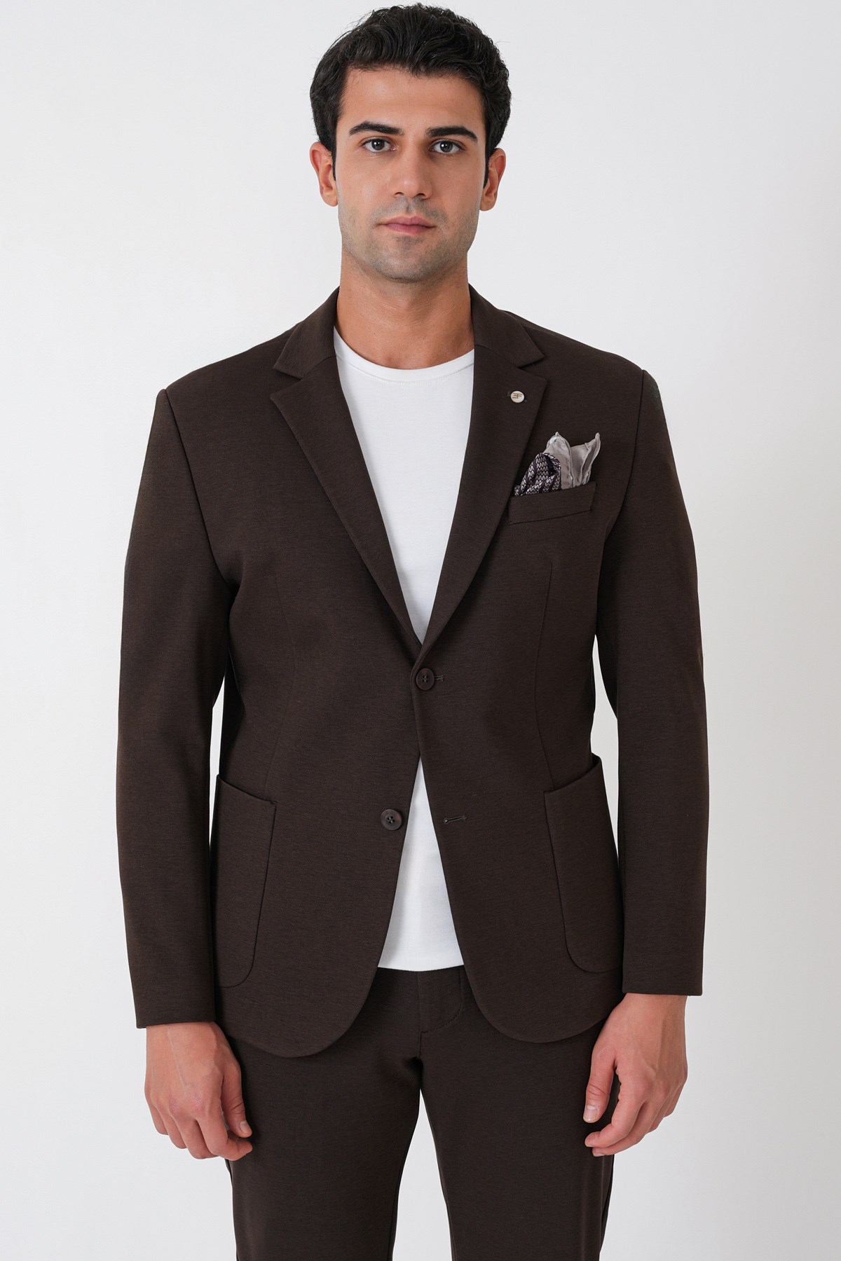 Slim Fit Torba Cep Esnek Tencel Kumaş Kahverengi Ceket C 751
