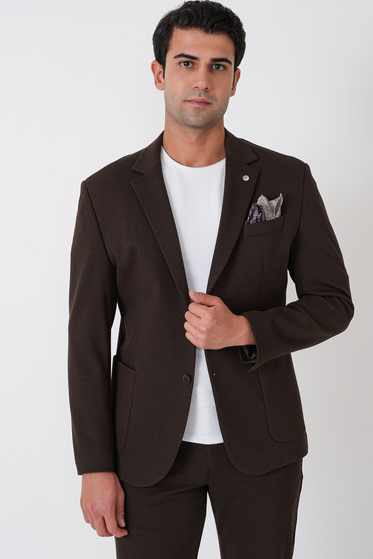 Slim Fit Torba Cep Esnek Tencel Kumaş Kahverengi Ceket C 751