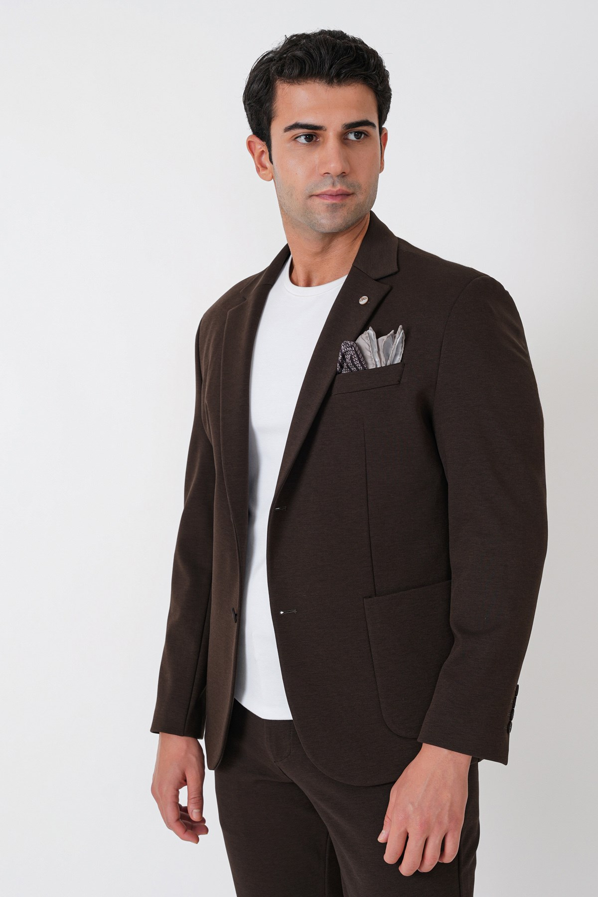 Slim Fit Torba Cep Esnek Tencel Kumaş Kahverengi Ceket C 751