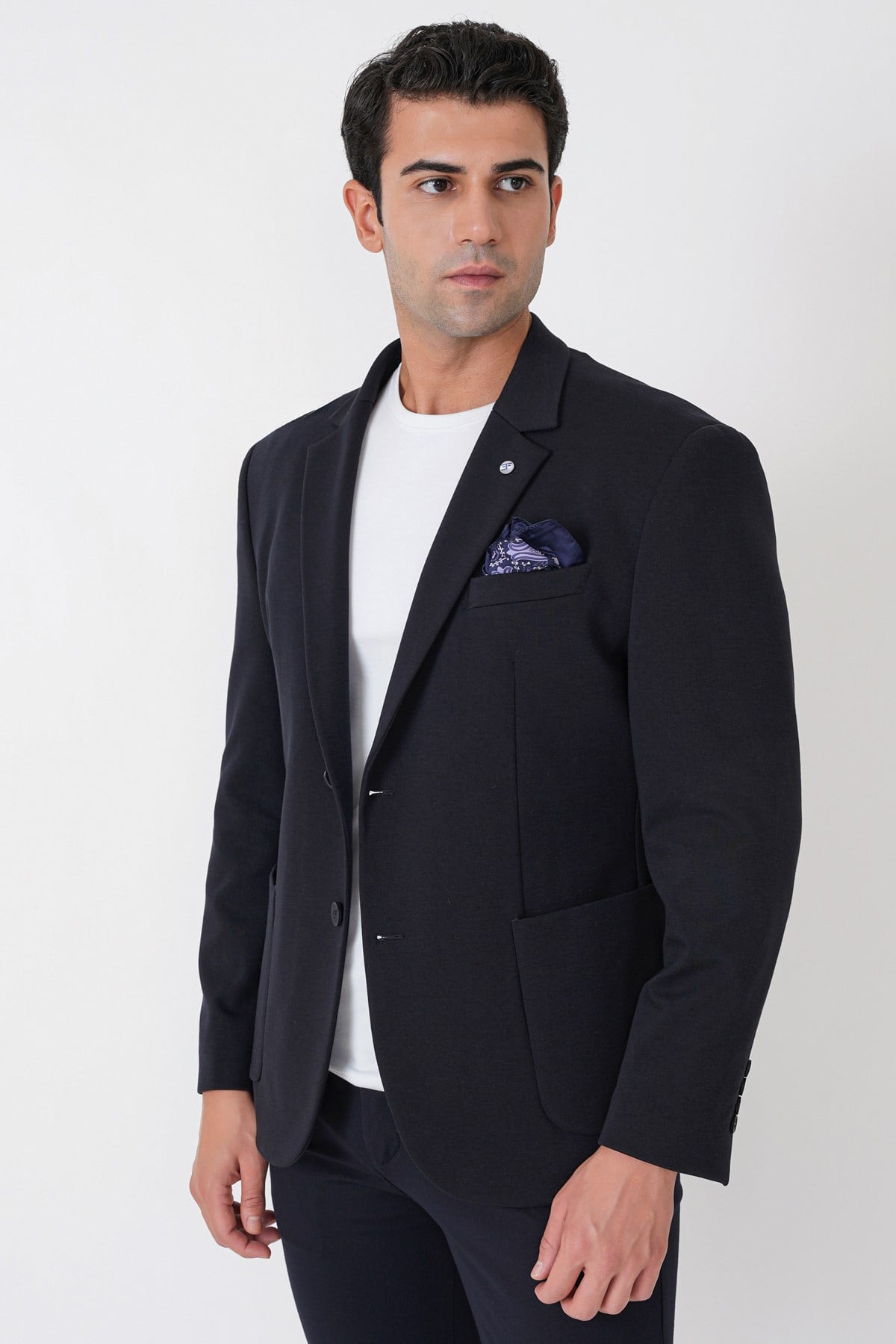 Slim Fit Torba Cep Esnek Tencel Kumaş Lacivert Ceket C 751