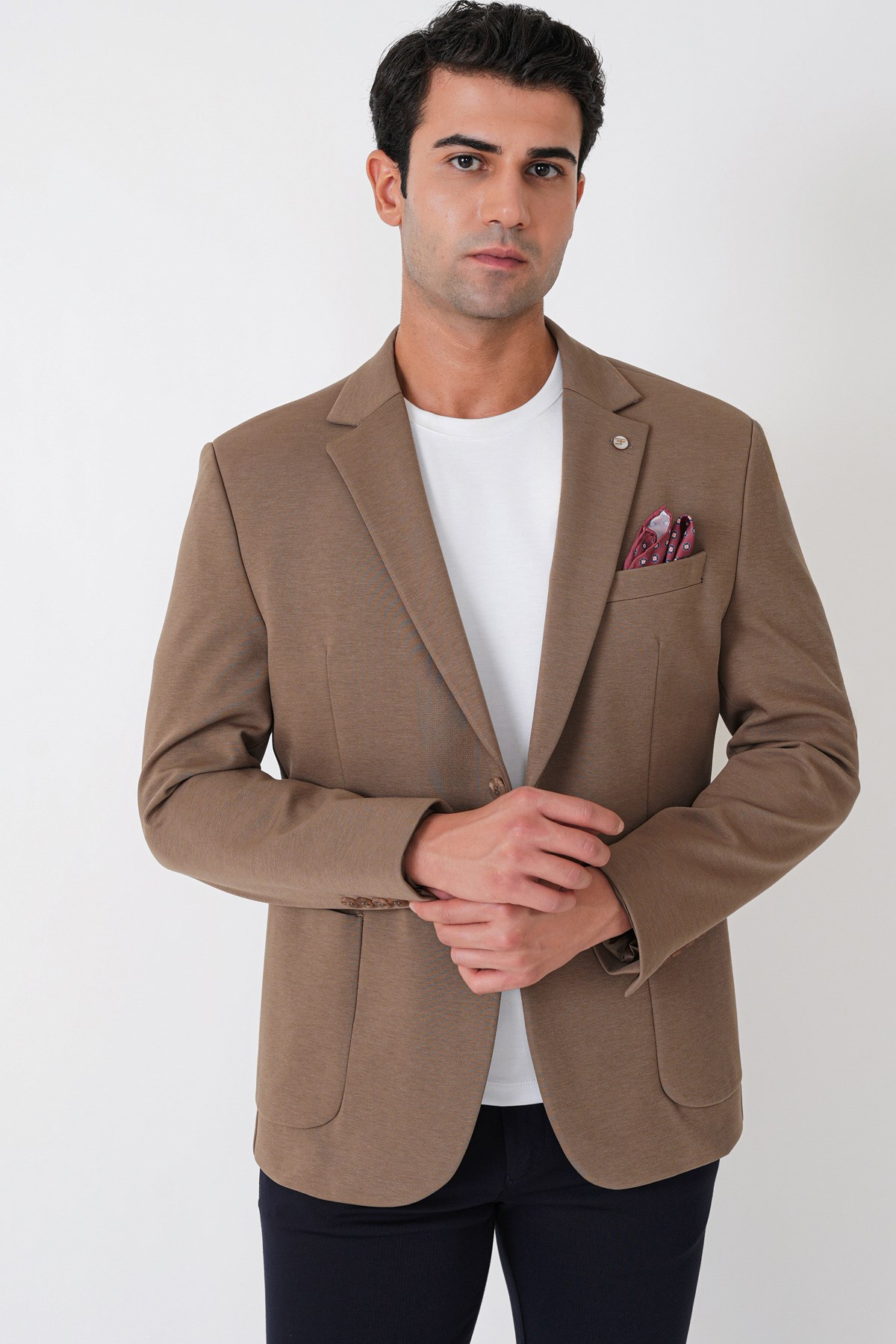 Slim Fit Torba Cep Esnek Tencel Kumaş Bej Ceket C 751