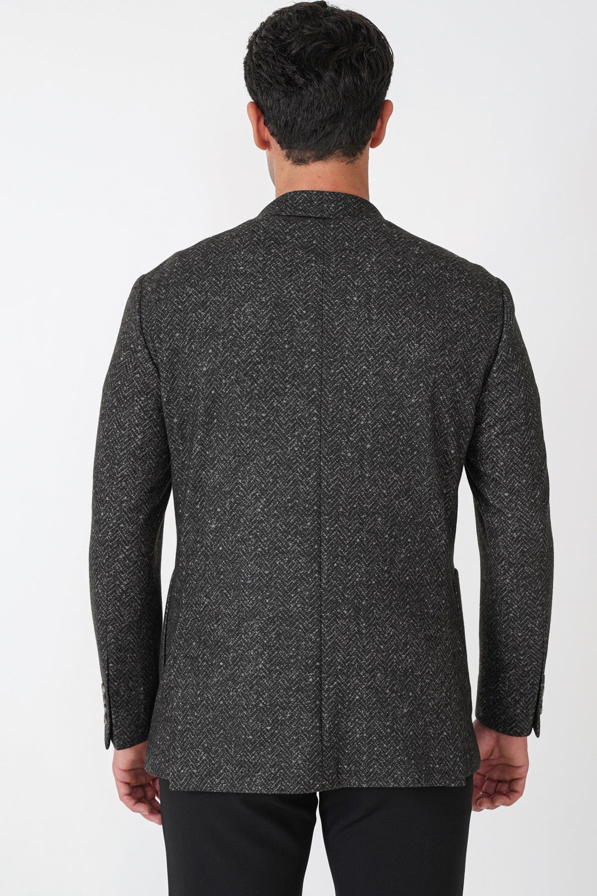 Slim Fit Torba Cep Esnek Yünlü Balıksırtı Dokuma Koyu Gri Ceket C 750