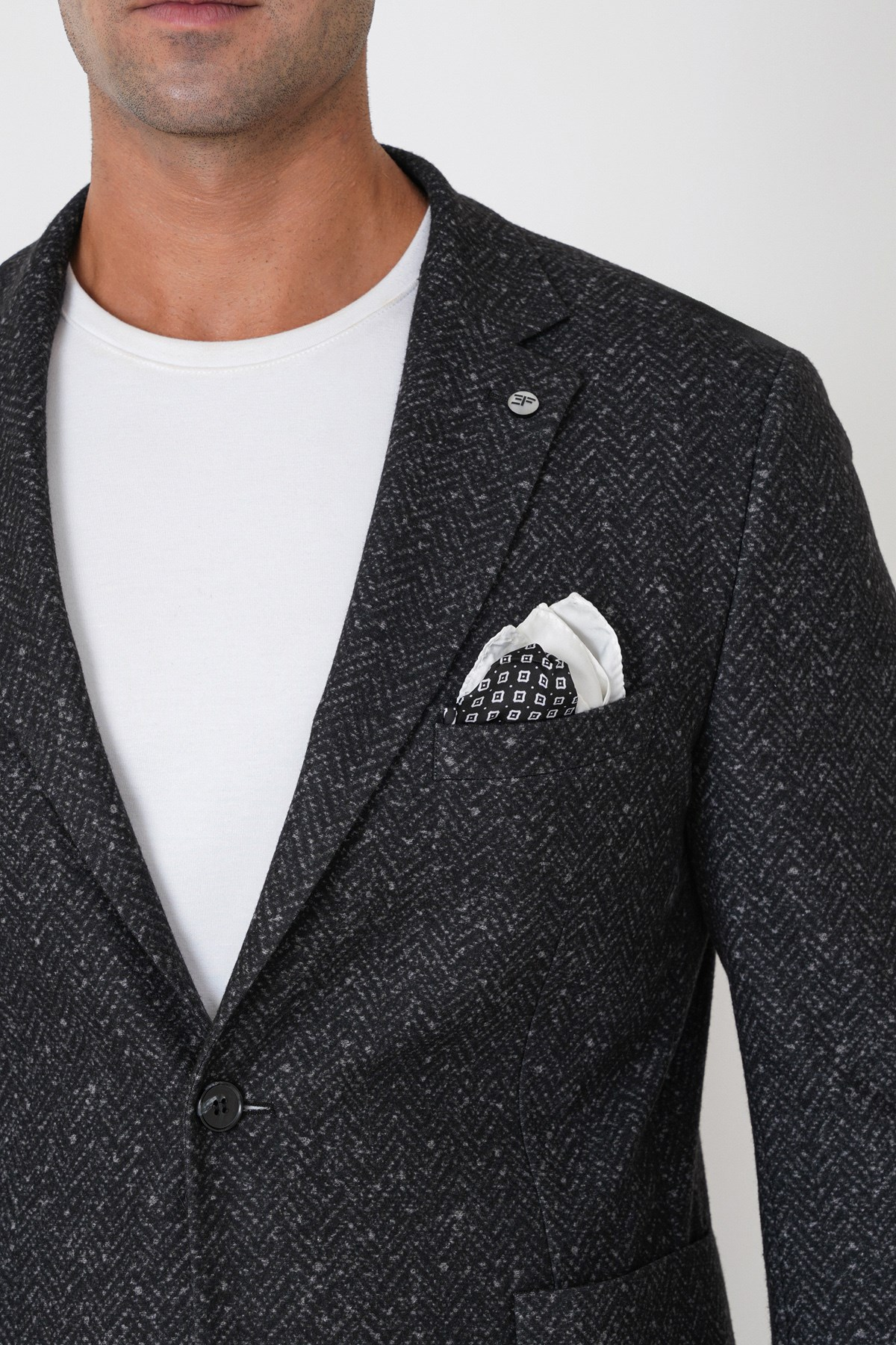 Slim Fit Torba Cep Esnek Yünlü Balıksırtı Dokuma Siyah Ceket C 750