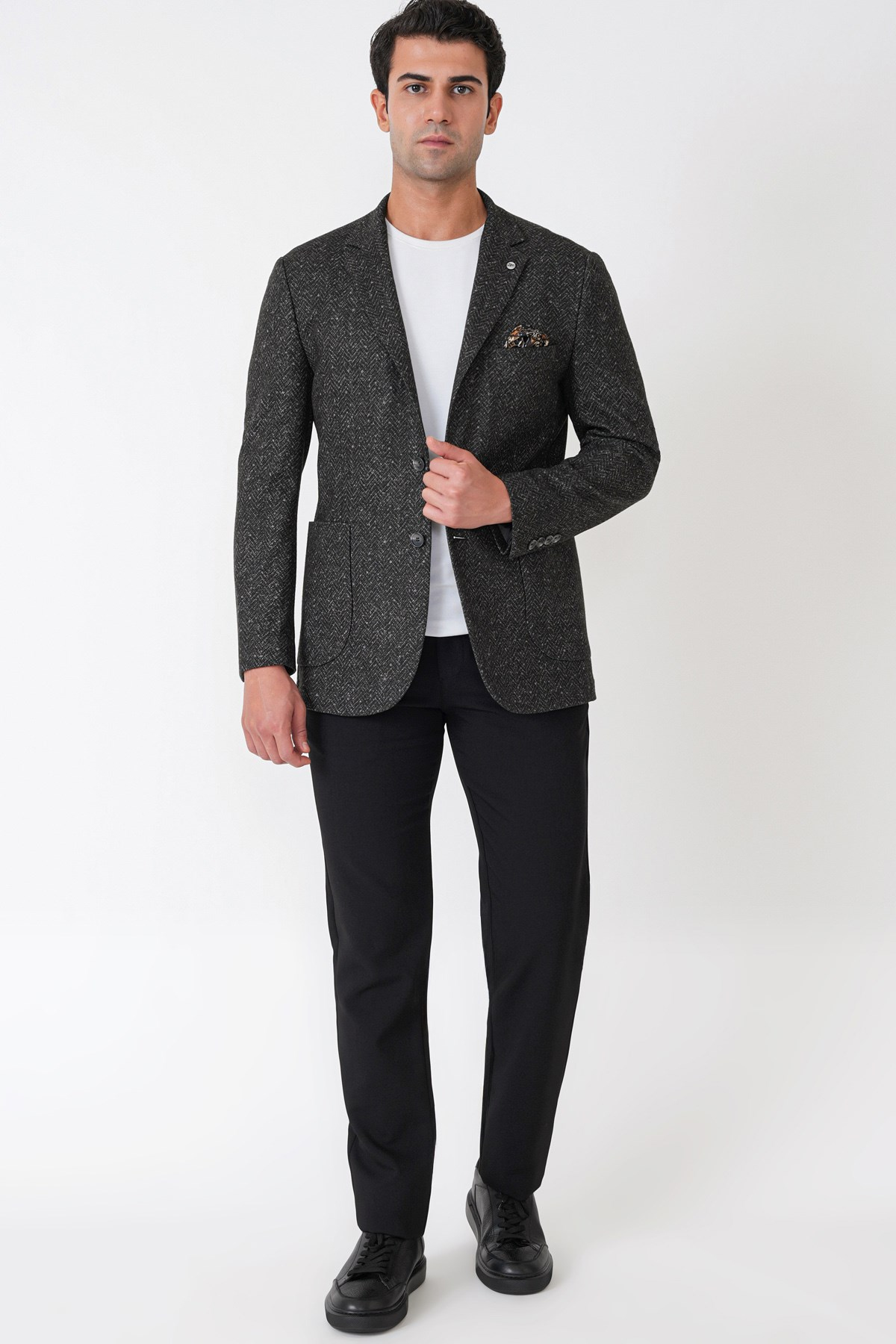 Slim Fit Torba Cep Esnek Yünlü Balıksırtı Dokuma Koyu Gri Ceket C 750