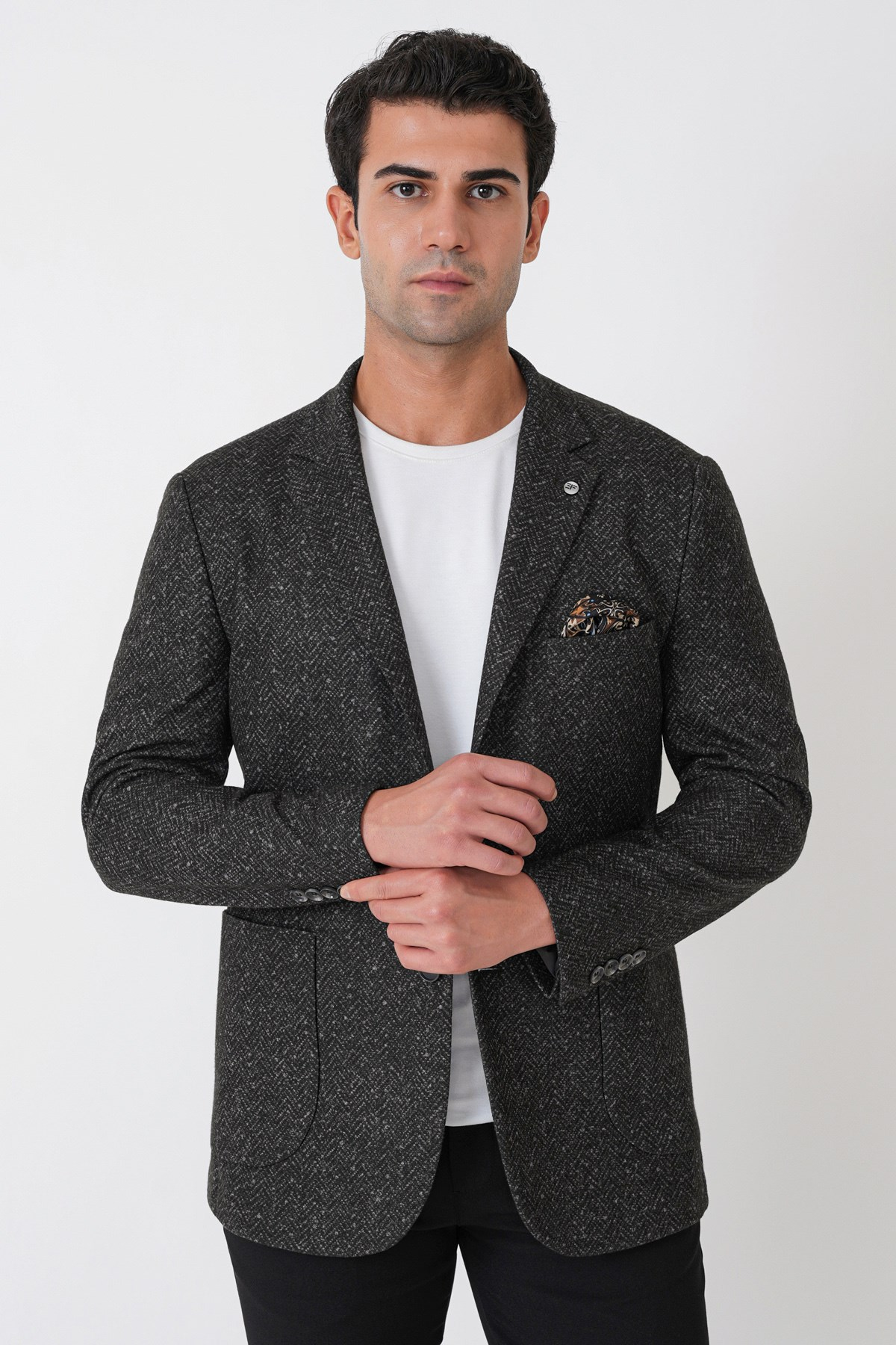 Slim Fit Torba Cep Esnek Yünlü Balıksırtı Dokuma Koyu Gri Ceket C 750