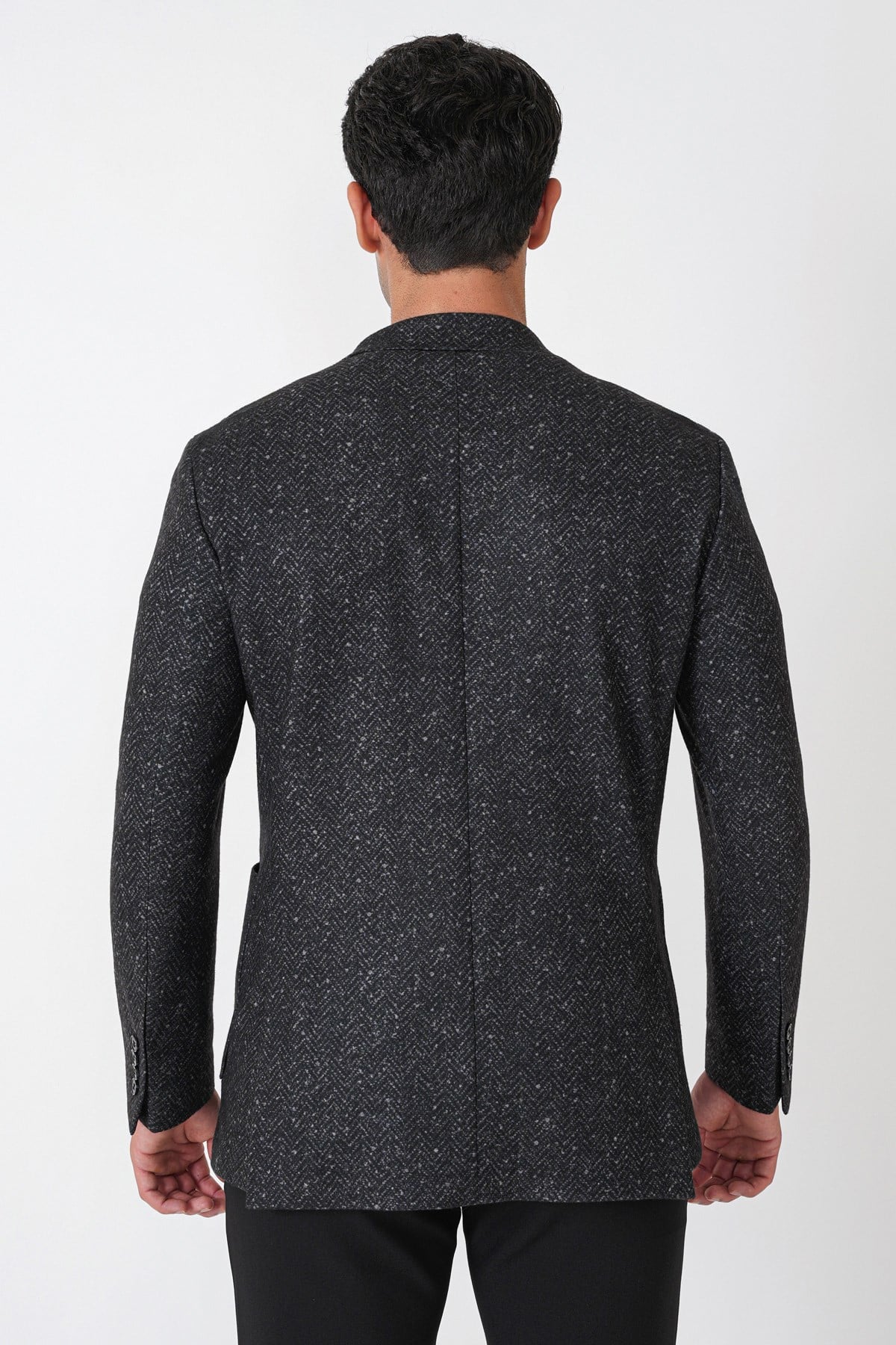 Slim Fit Torba Cep Esnek Yünlü Balıksırtı Dokuma Siyah Ceket C 750