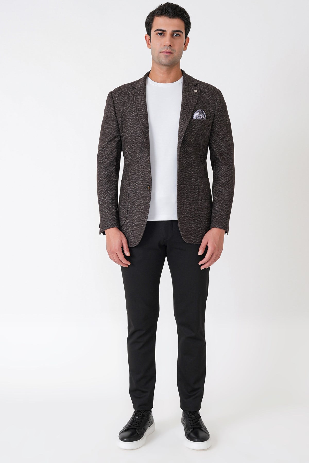 Slim Fit Torba Cep Esnek Yünlü Balıksırtı Dokuma Kahverengi Ceket C 750