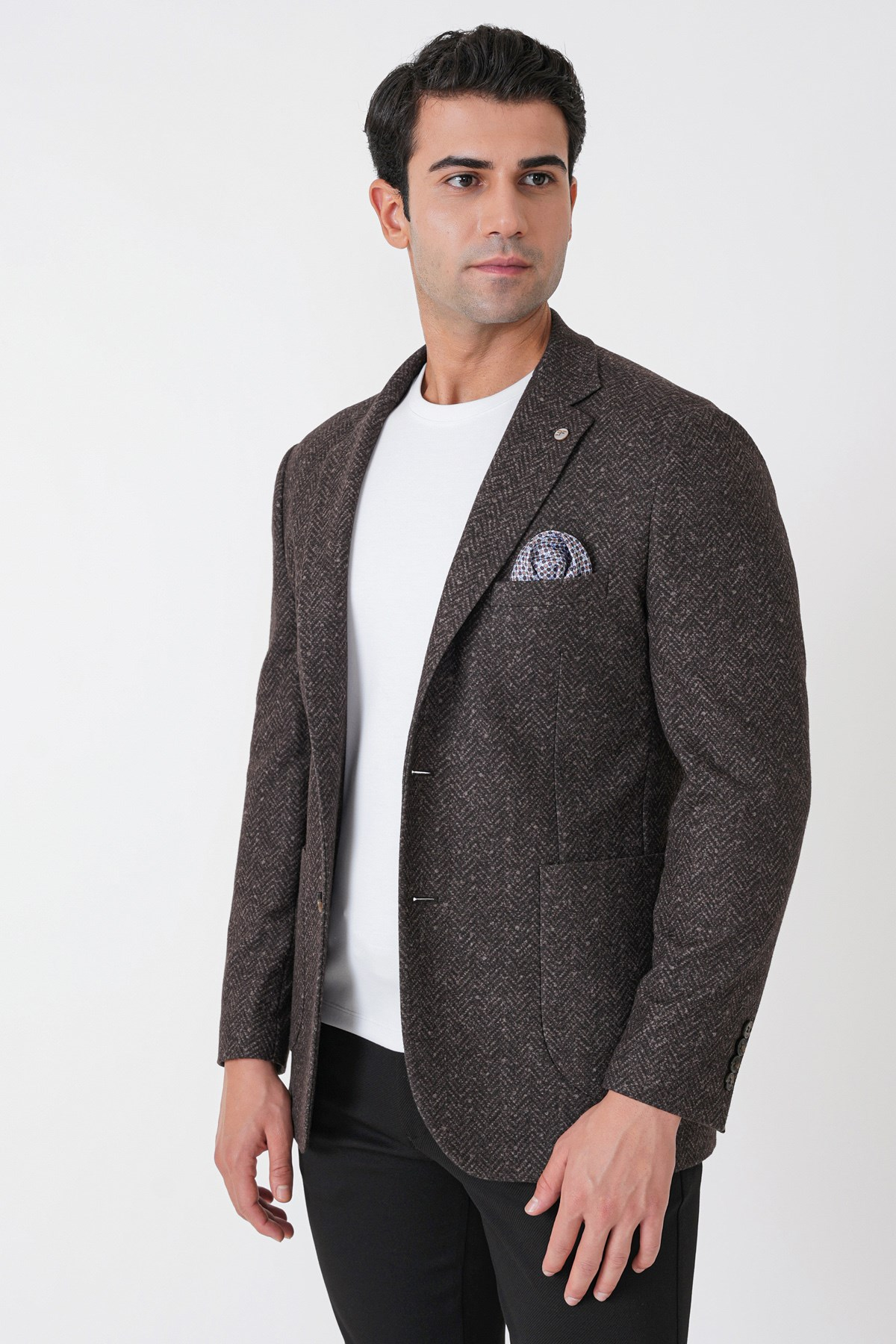Slim Fit Torba Cep Esnek Yünlü Balıksırtı Dokuma Kahverengi Ceket C 750