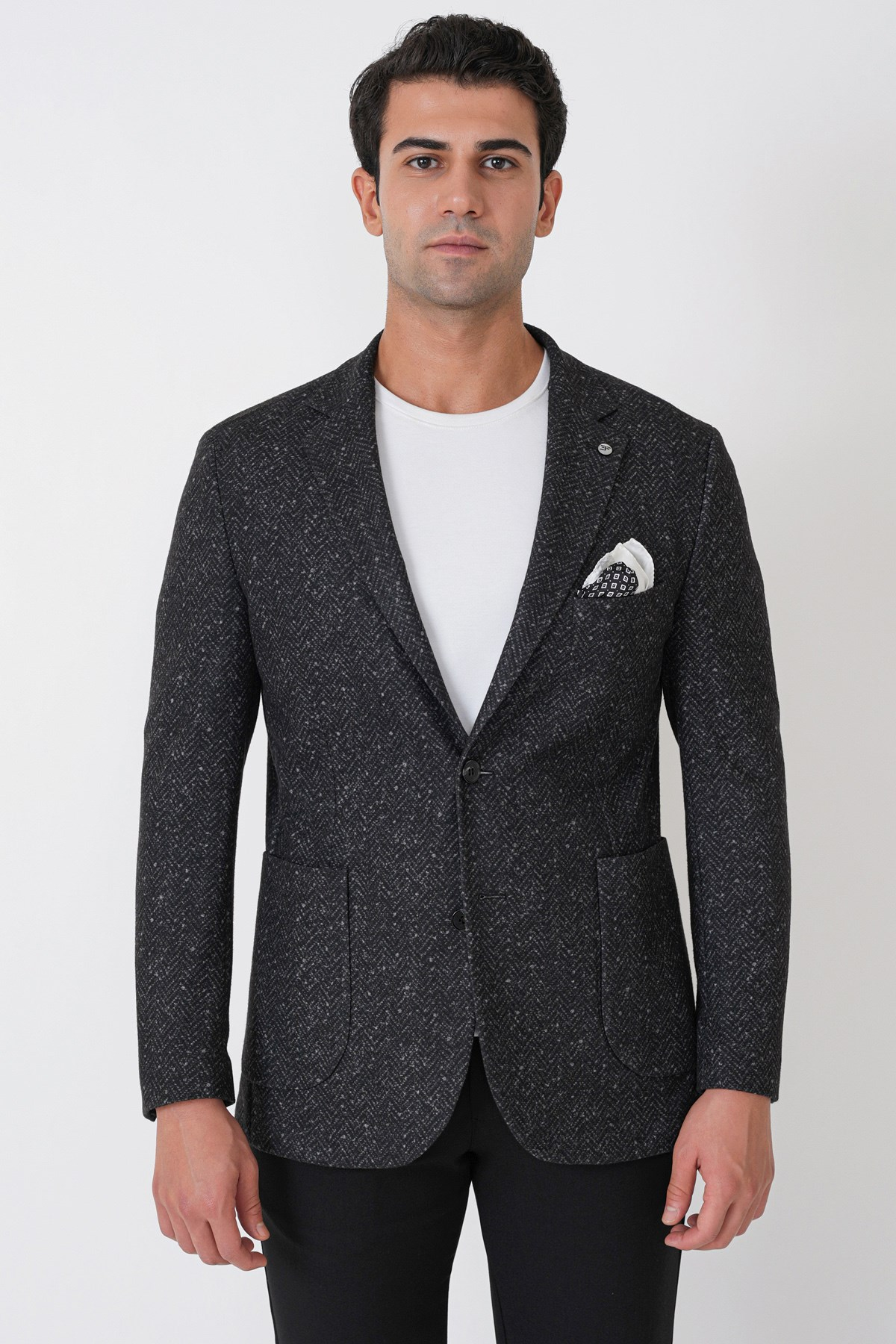 Slim Fit Torba Cep Esnek Yünlü Balıksırtı Dokuma Siyah Ceket C 750