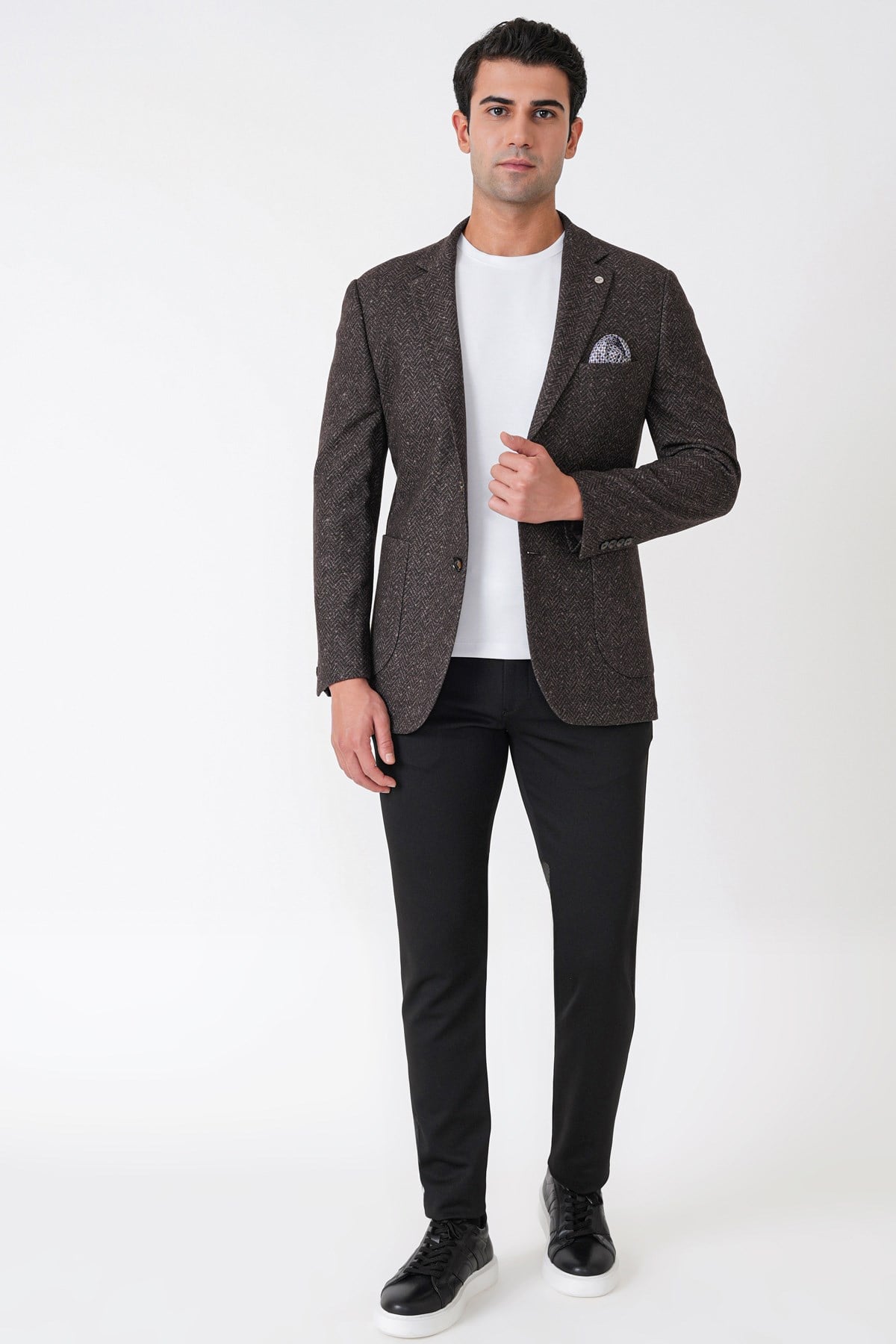 Slim Fit Torba Cep Esnek Yünlü Balıksırtı Dokuma Kahverengi Ceket C 750