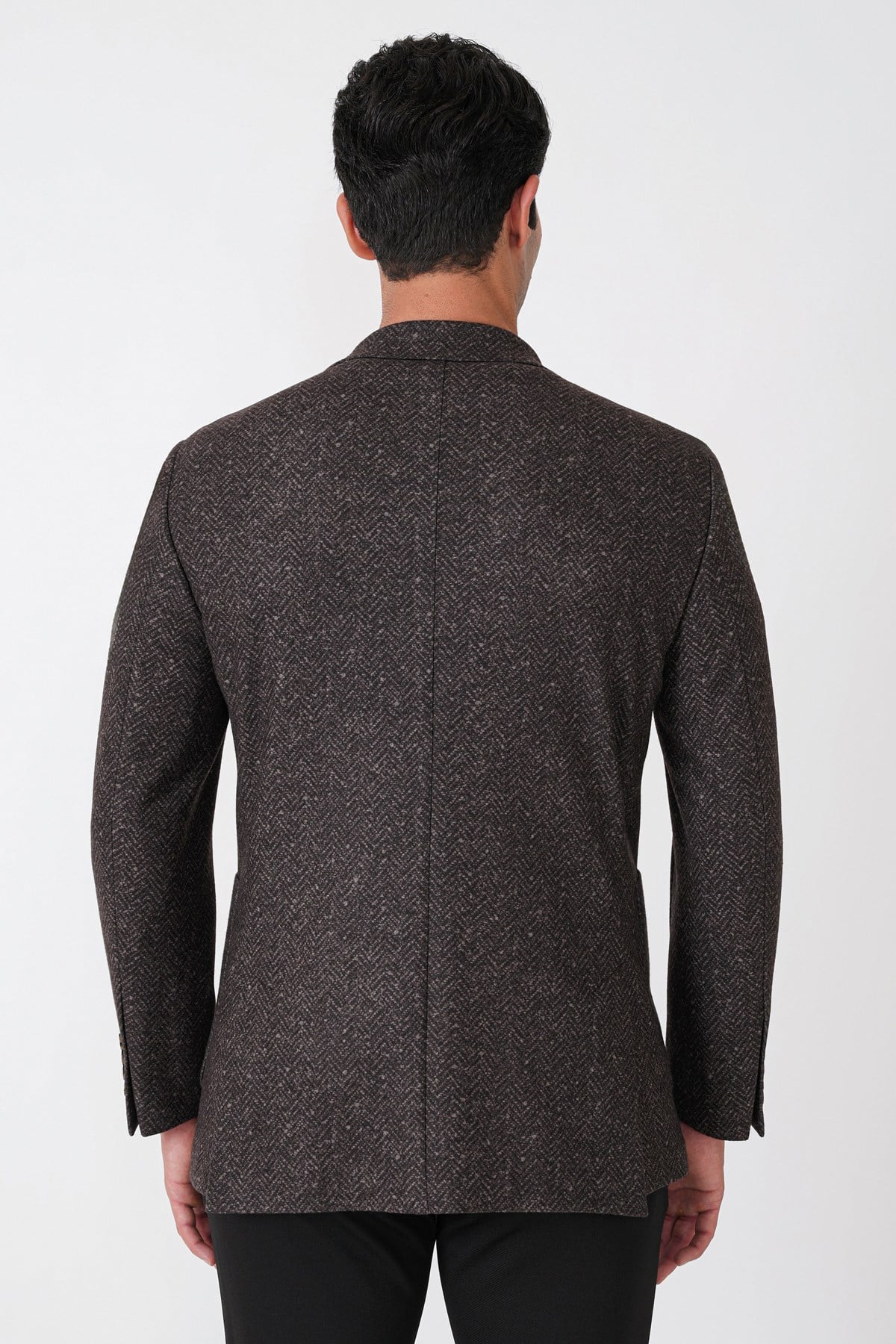 Slim Fit Torba Cep Esnek Yünlü Balıksırtı Dokuma Kahverengi Ceket C 750