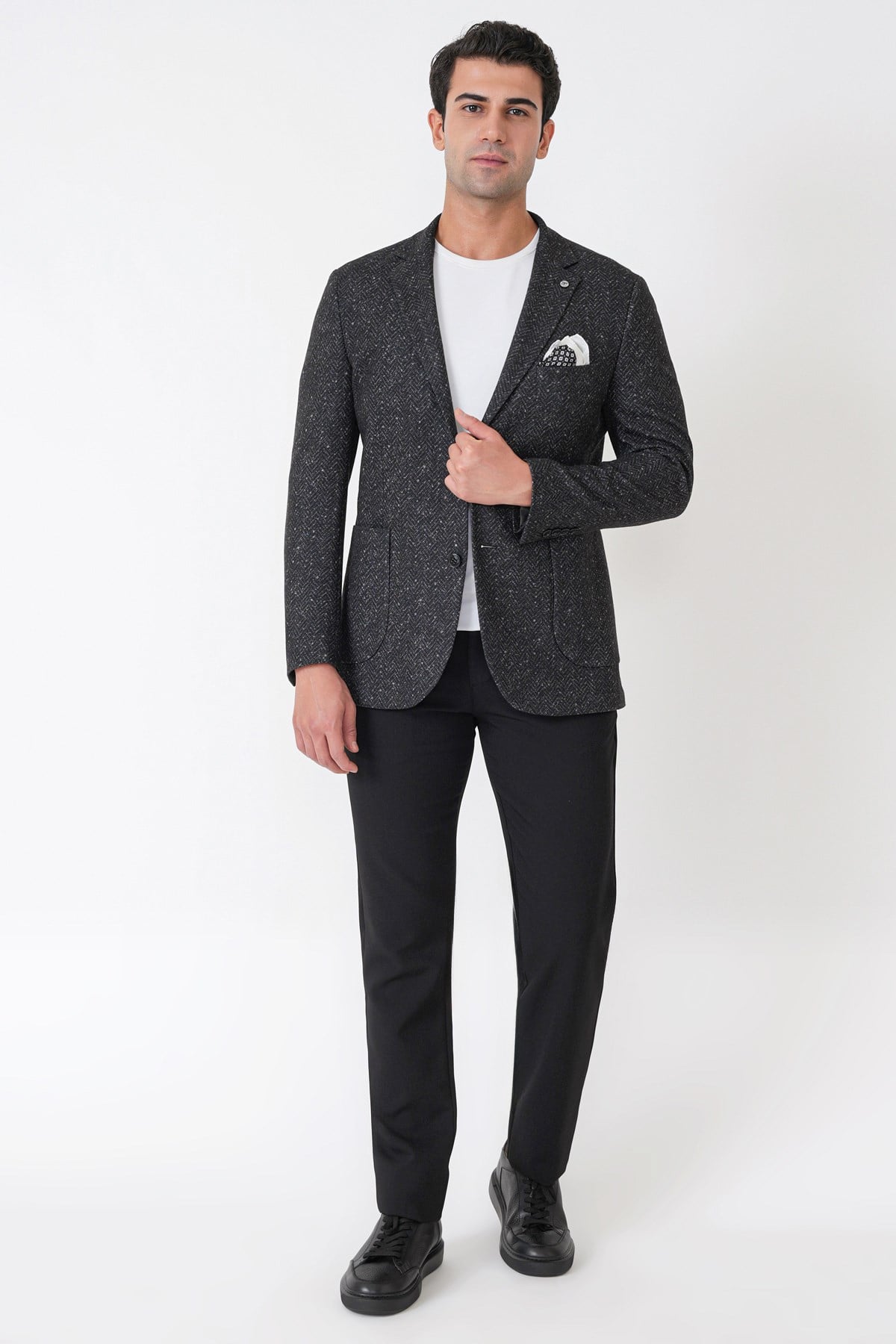 Slim Fit Torba Cep Esnek Yünlü Balıksırtı Dokuma Siyah Ceket C 750