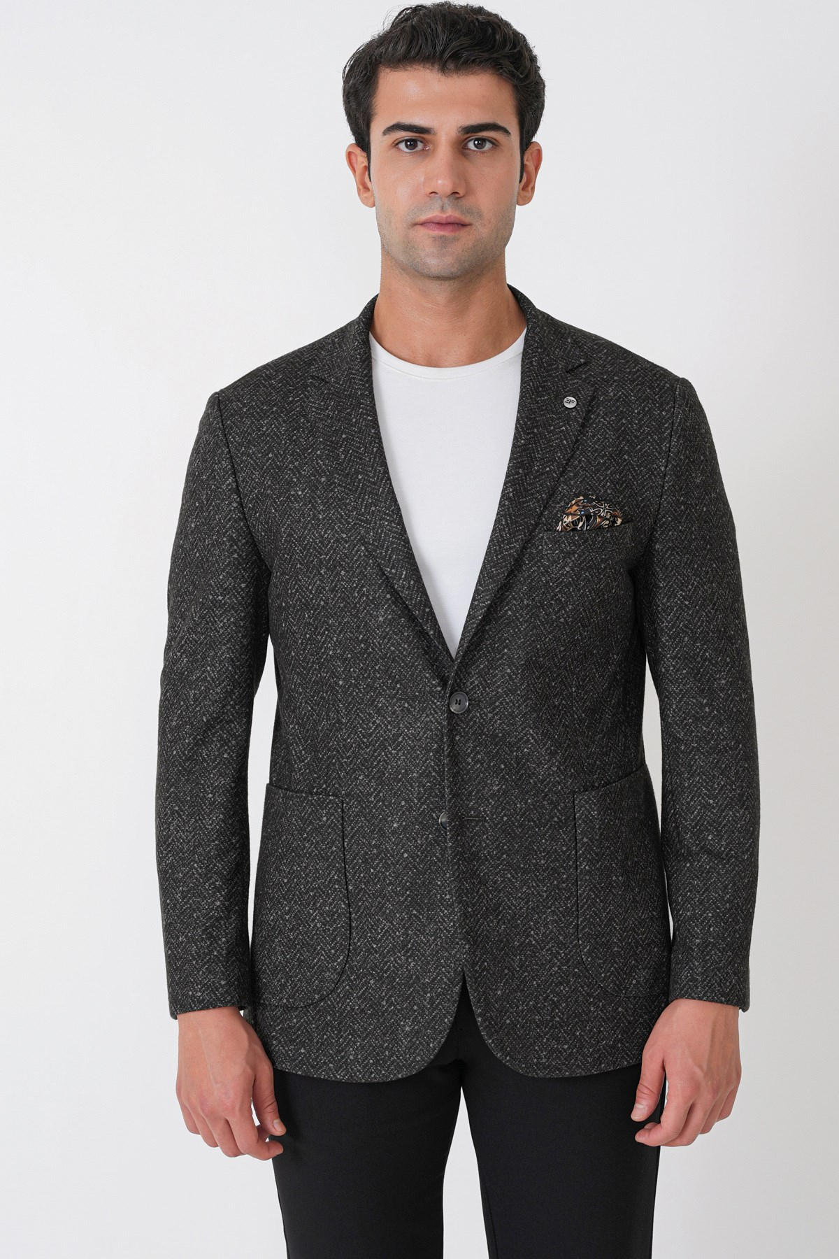 Slim Fit Torba Cep Esnek Yünlü Balıksırtı Dokuma Koyu Gri Ceket C 750