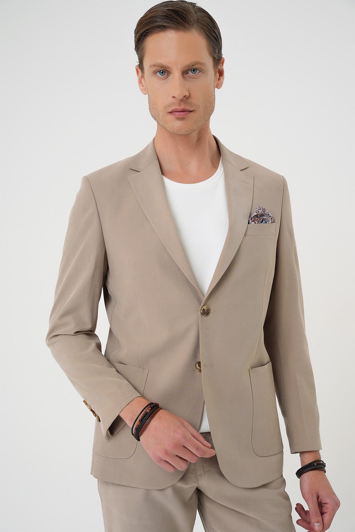 Slim Fit Torba Cep Spandex Karışımlı Esnek Bej Ceket C 714
