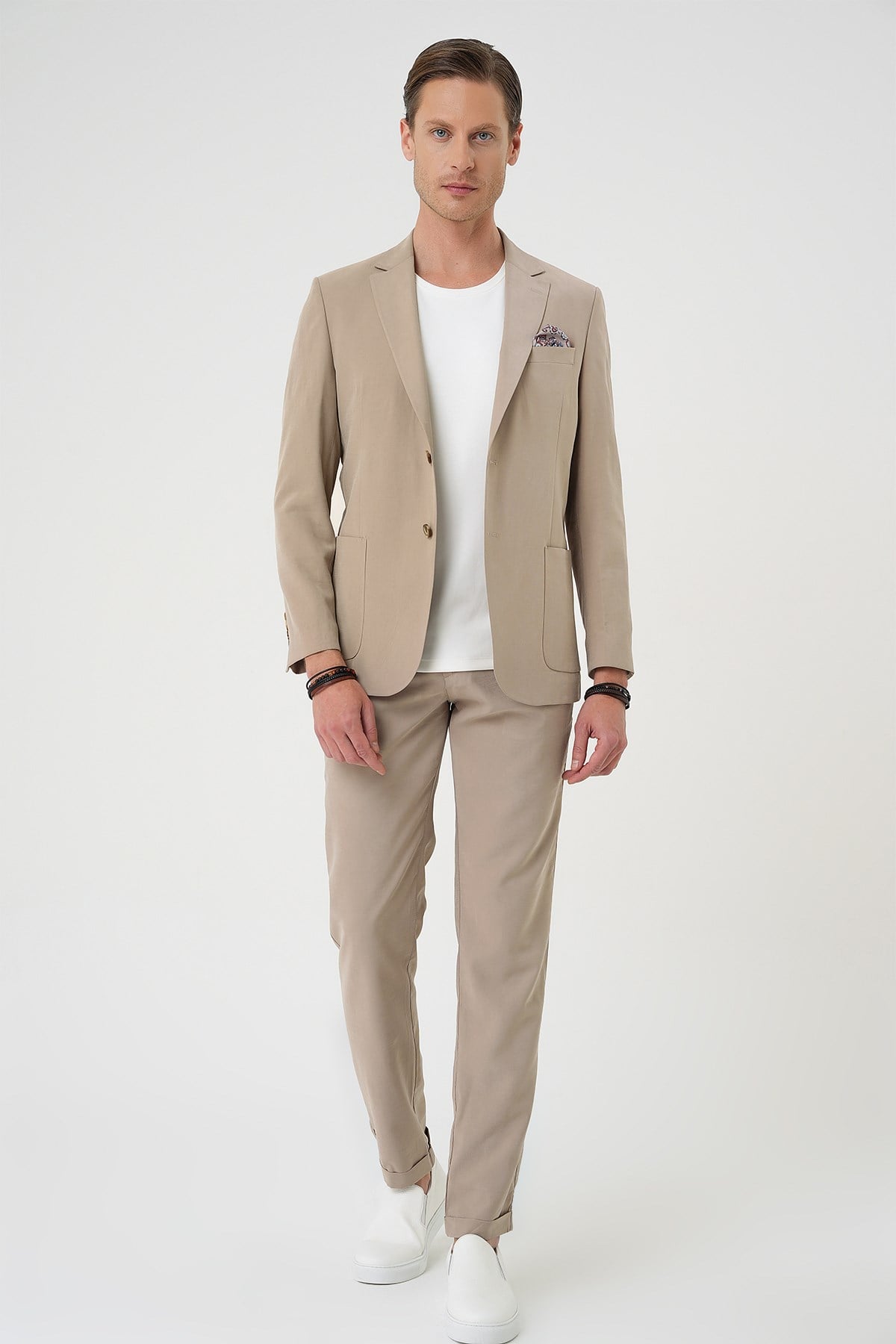 Slim Fit Torba Cep Spandex Karışımlı Esnek Bej Ceket C 714