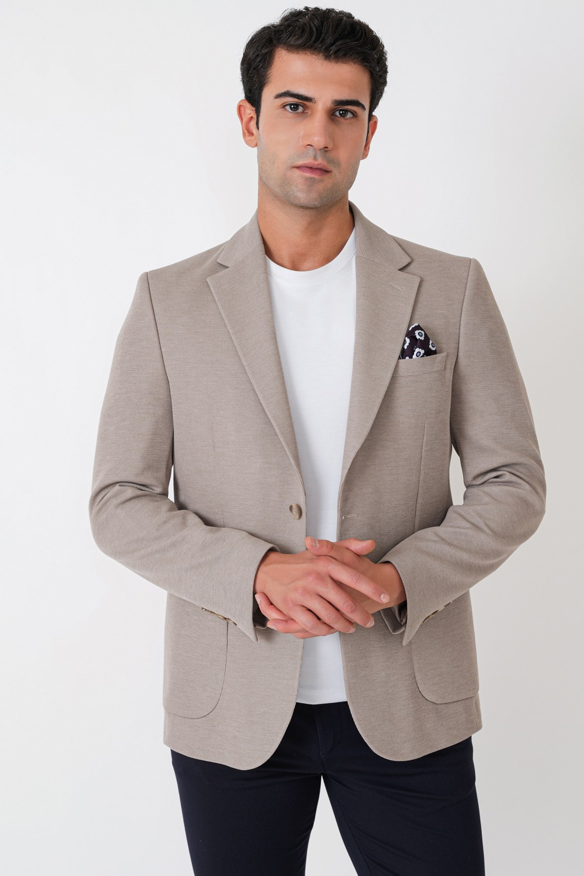Slim Fit Torba Cepli Esnek Yünlü Bej Ceket C 745