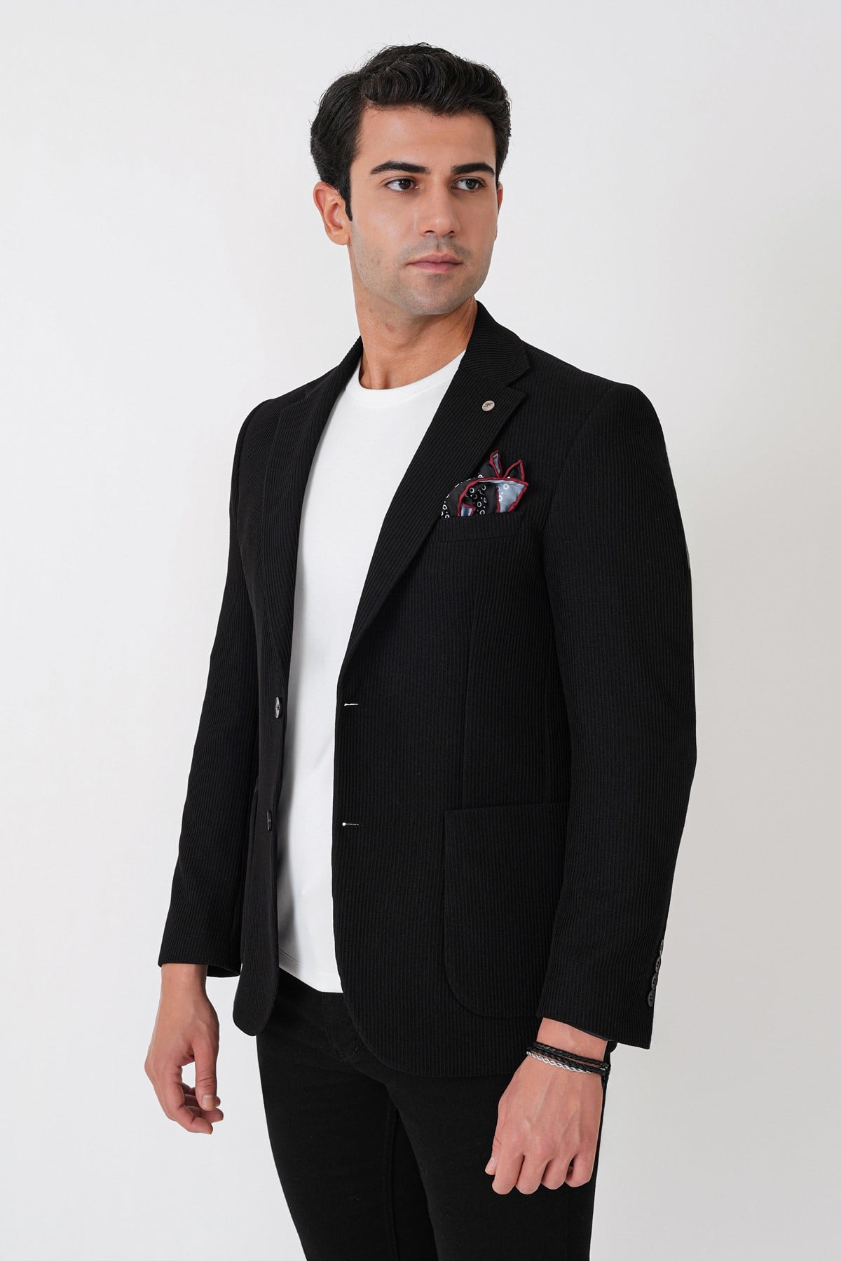 Slim Fit Torba Cepli Fitilli Dokuma Esnek Yünlü Siyah Ceket C 747