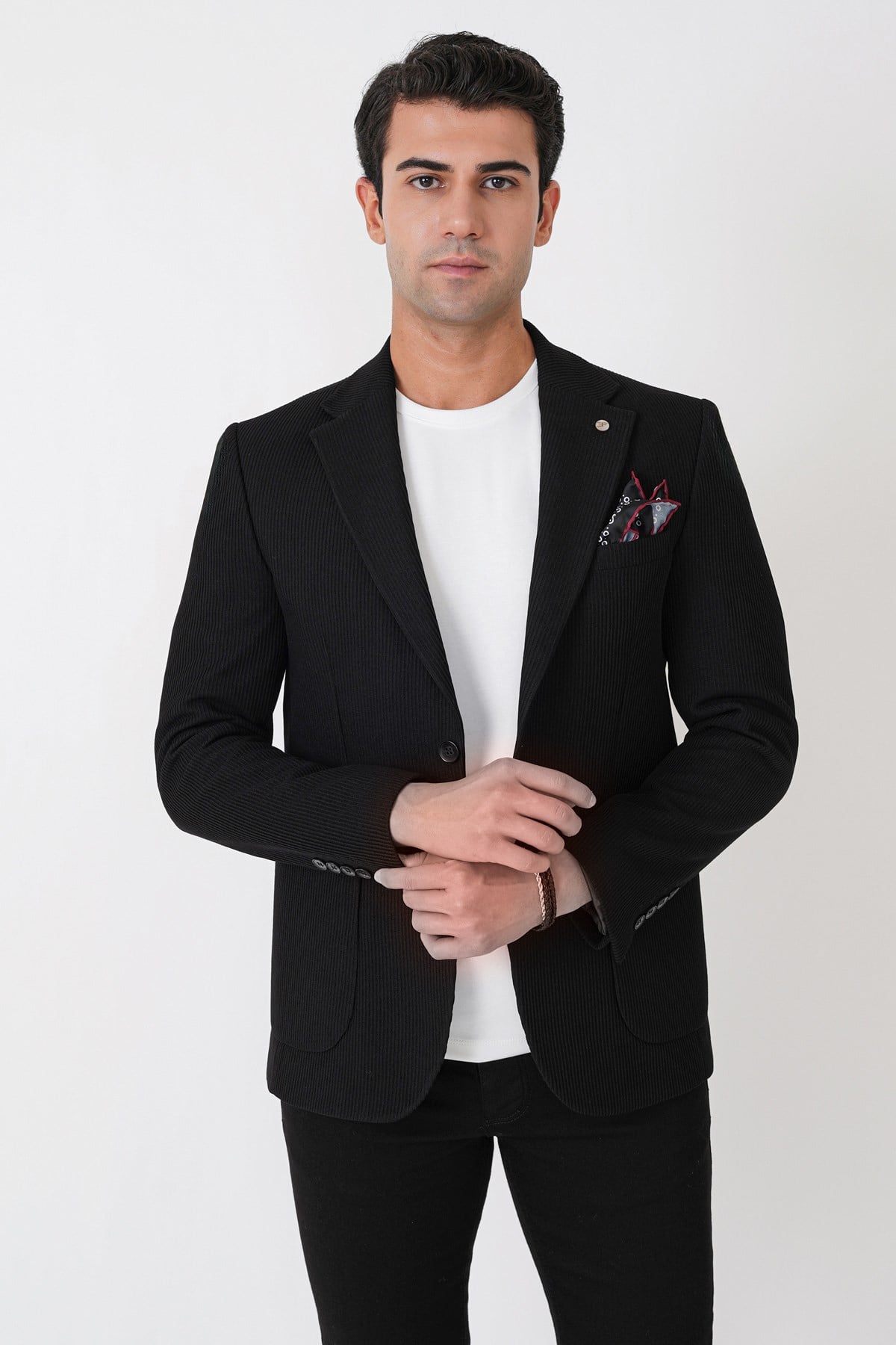 Slim Fit Torba Cepli Fitilli Dokuma Esnek Yünlü Siyah Ceket C 747