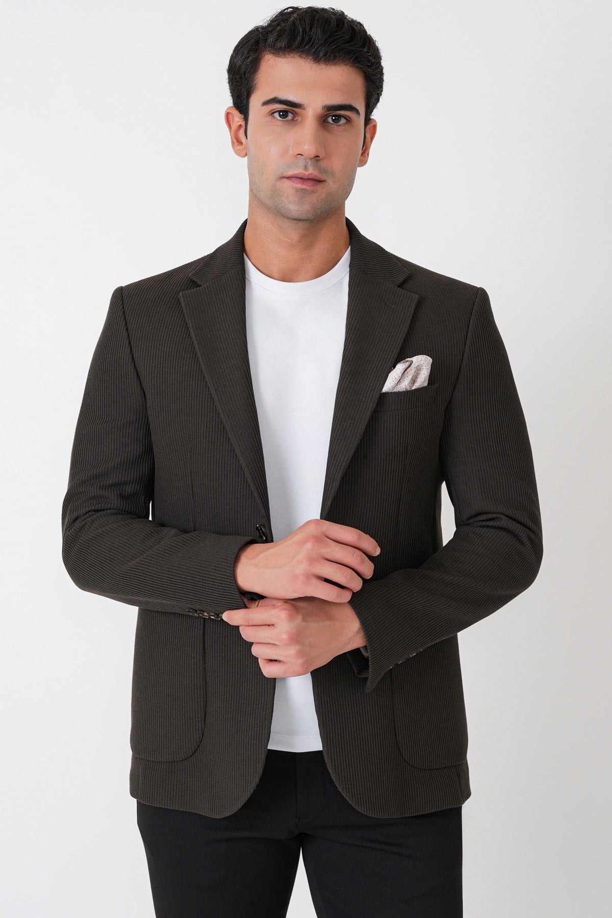 Slim Fit Torba Cepli Fitilli Dokuma Esnek Yünlü Haki Ceket C 747