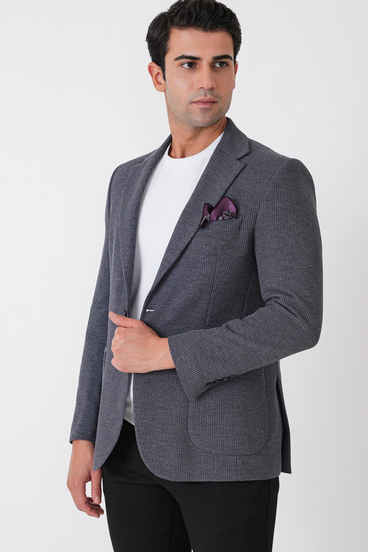 Slim Fit Torba Cepli Fitilli Dokuma Esnek Yünlü İndigo Ceket C 747