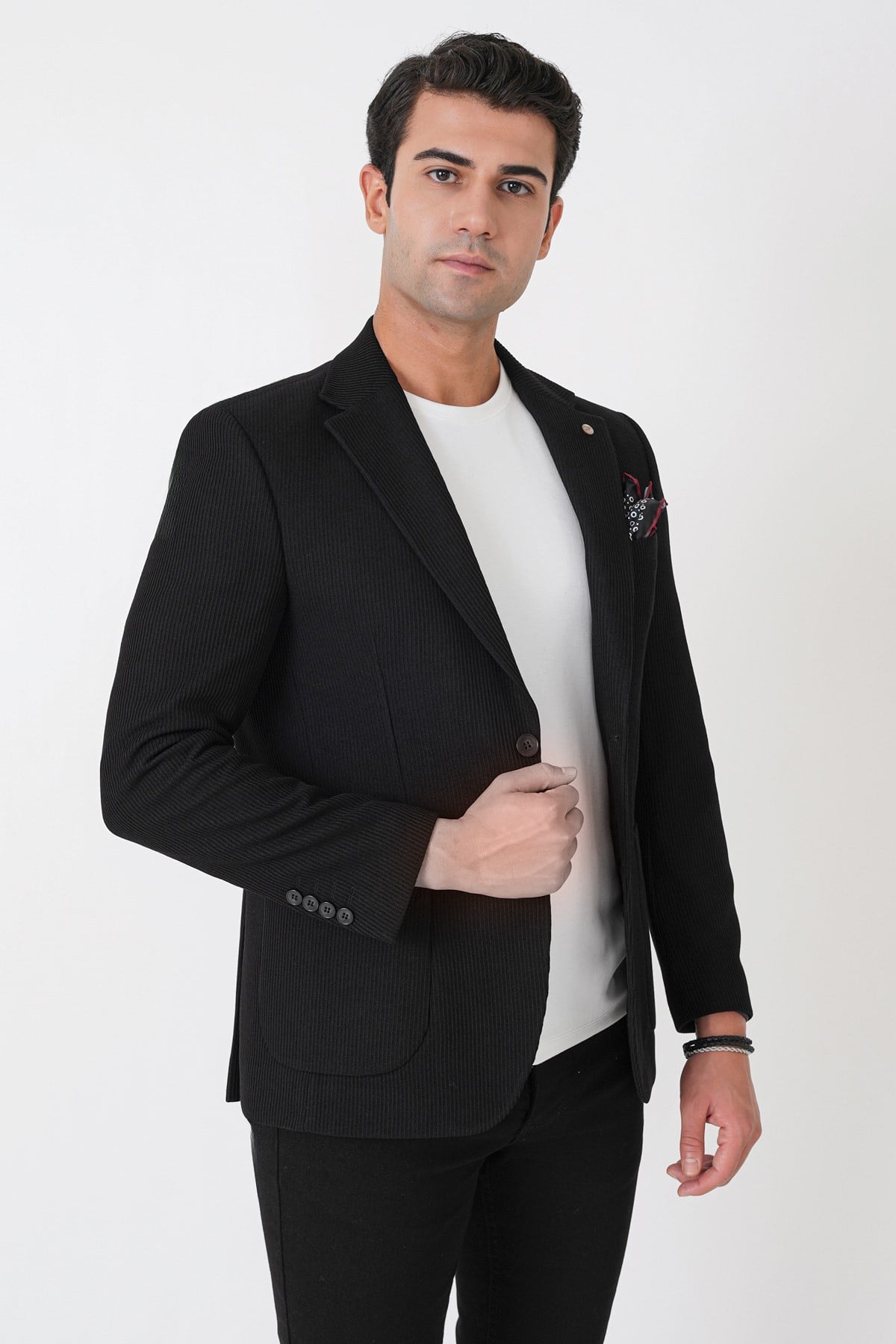 Slim Fit Torba Cepli Fitilli Dokuma Esnek Yünlü Siyah Ceket C 747