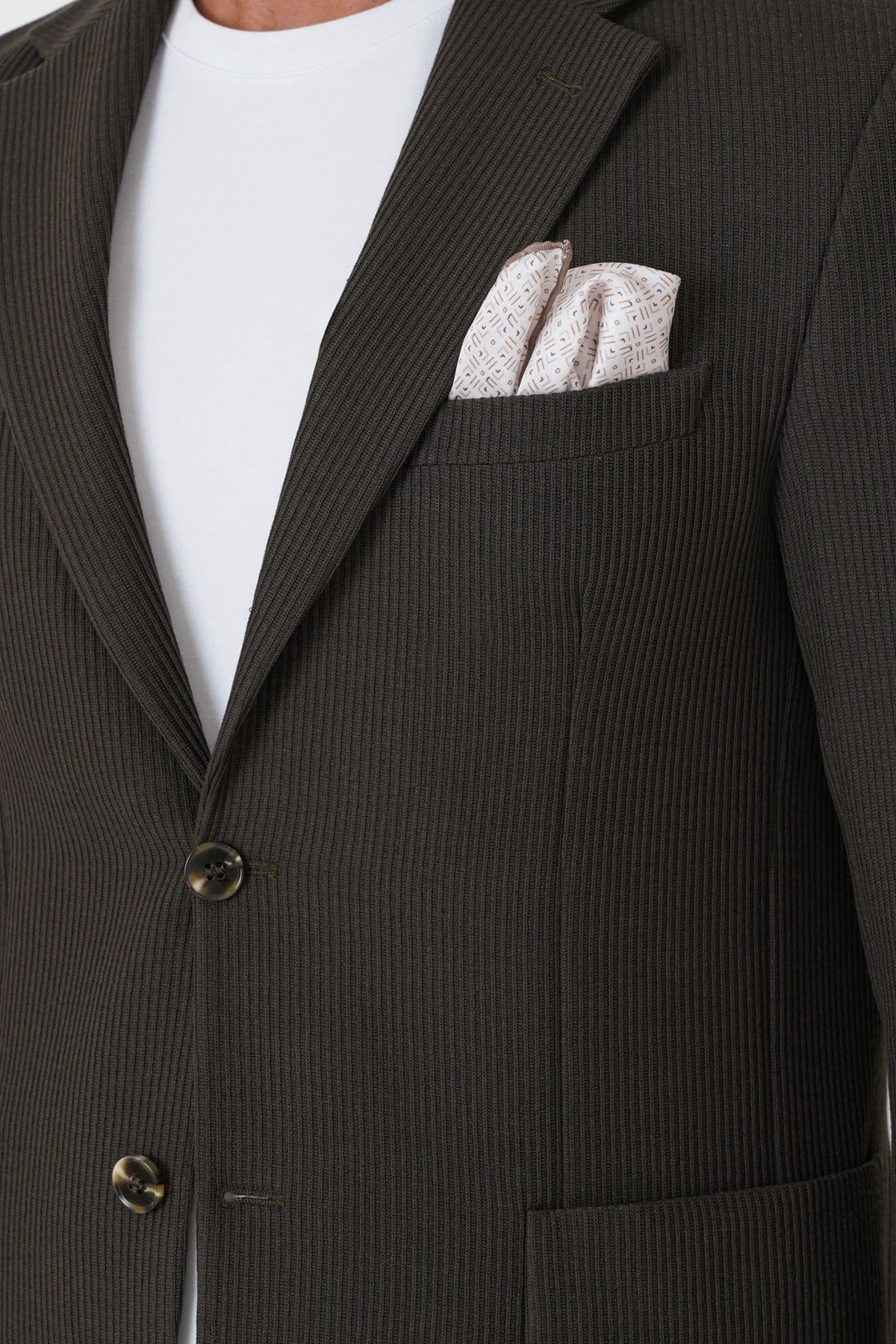 Slim Fit Torba Cepli Fitilli Dokuma Esnek Yünlü Haki Ceket C 747