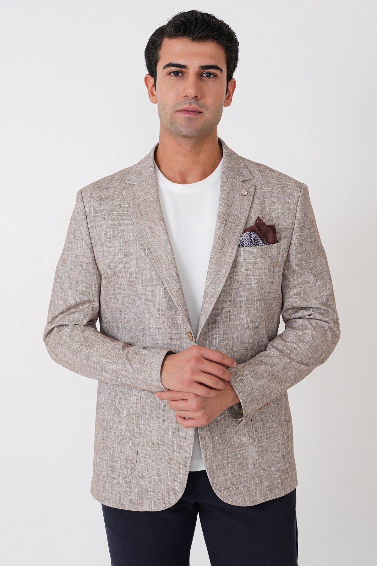 Slim Fit Torba Cepli Kırçıllı Dokuma Esnek Pamuklu Bej Ceket C 748