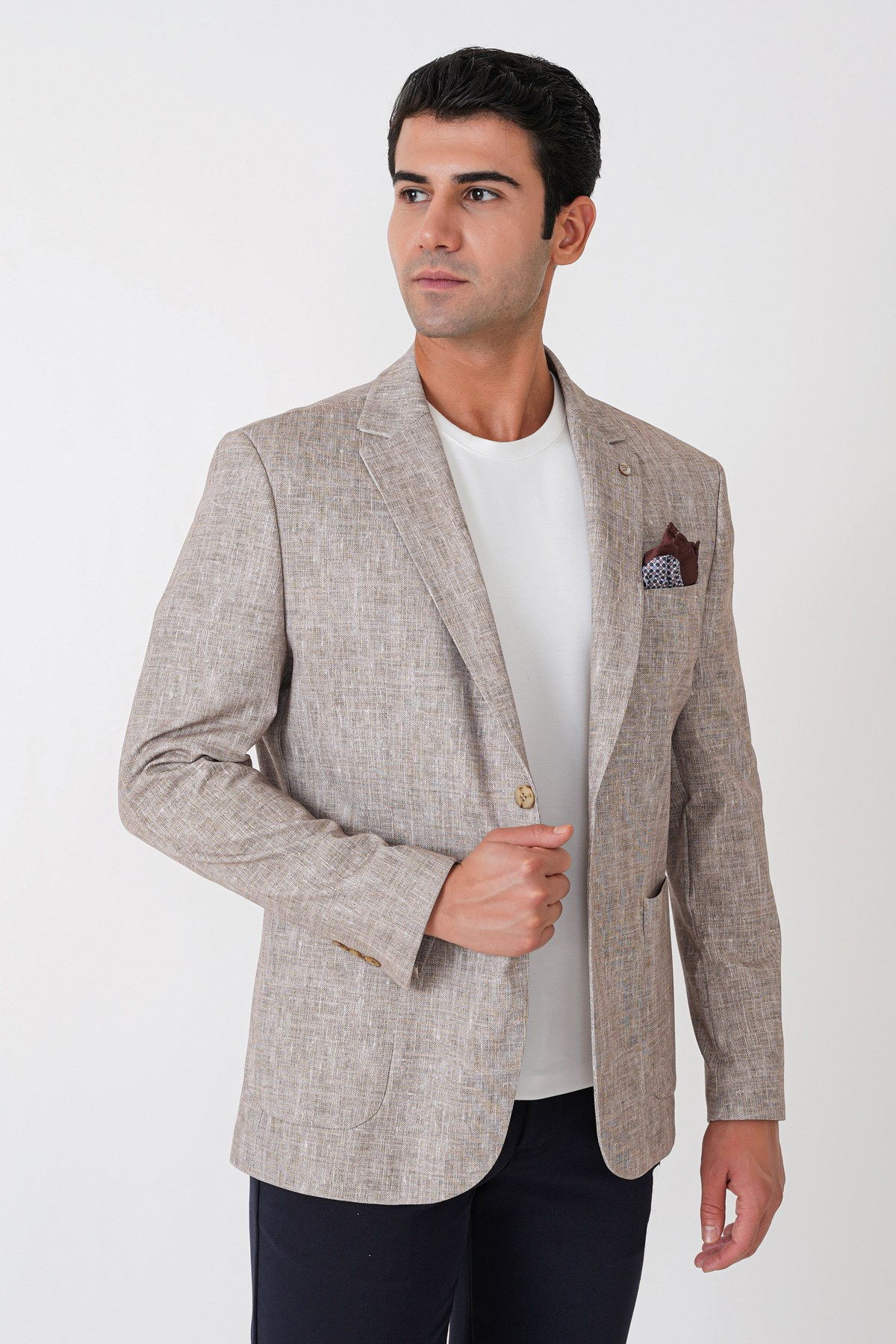 Slim Fit Torba Cepli Kırçıllı Dokuma Esnek Pamuklu Bej Ceket C 748