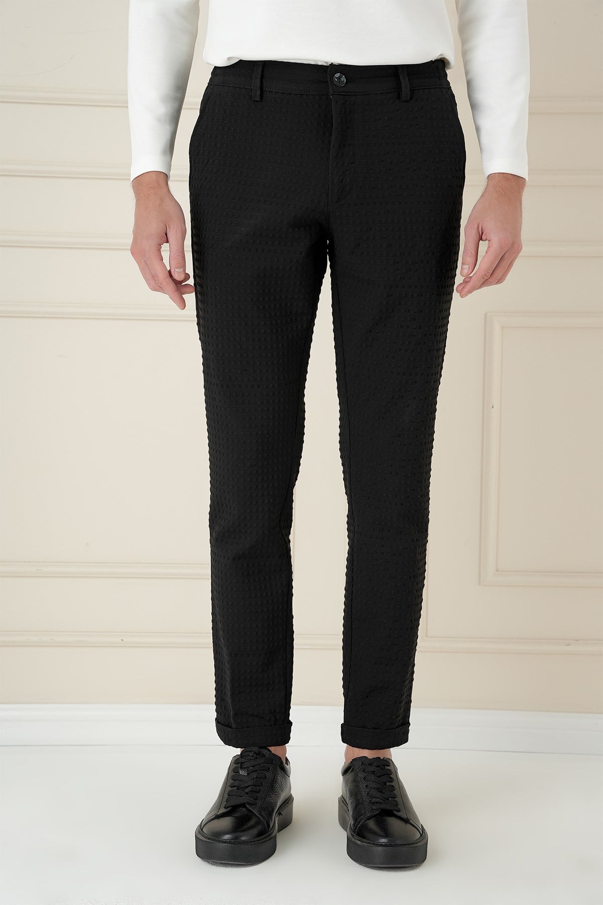 Slim Fit Waffle Kumaş Esnek Pamuk Siyah Pantolon P 1168