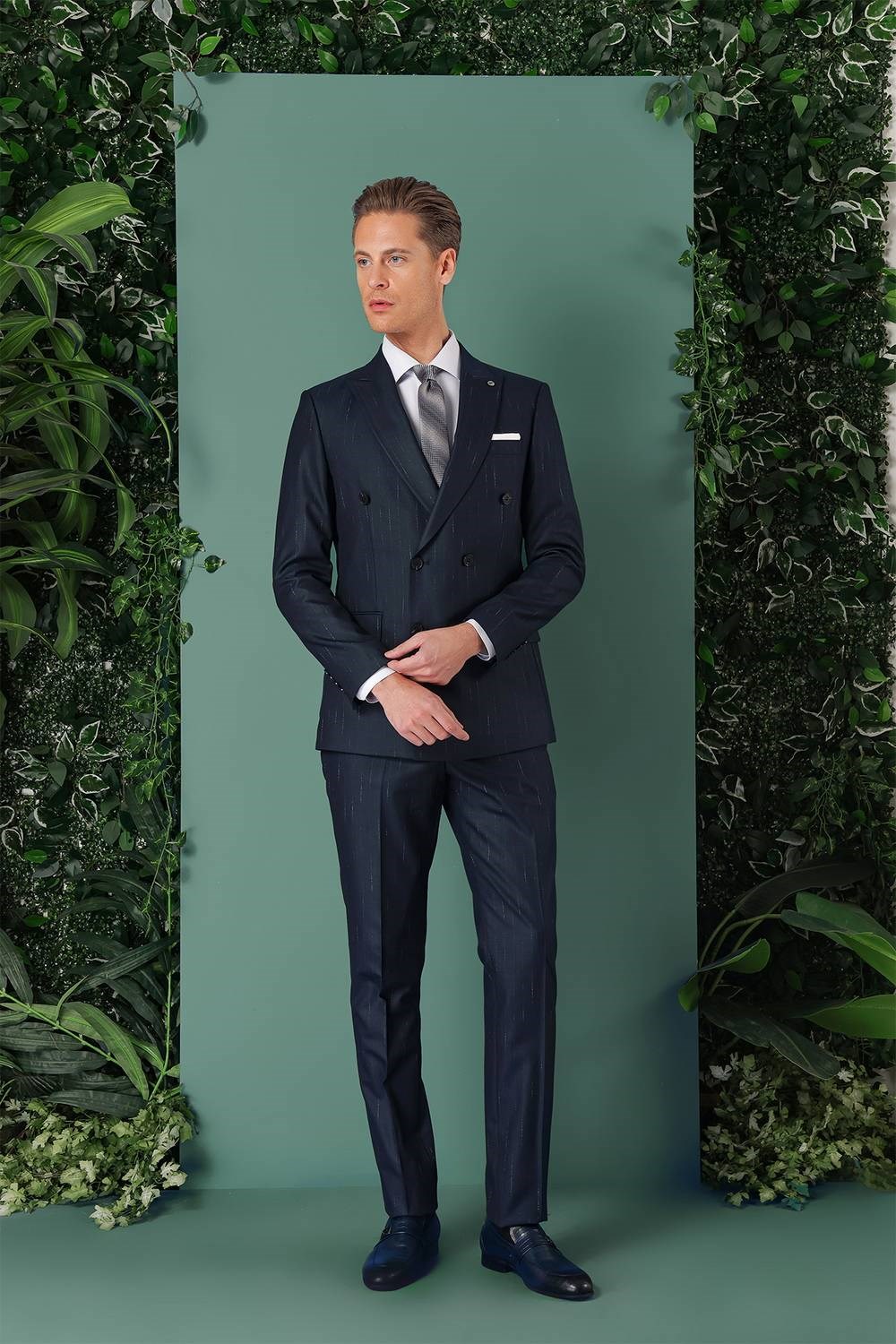 Slim Fit Yağmur Deseni Çizgili Kruvaze Klasik Lacivert Takım Elbise  Tk 888