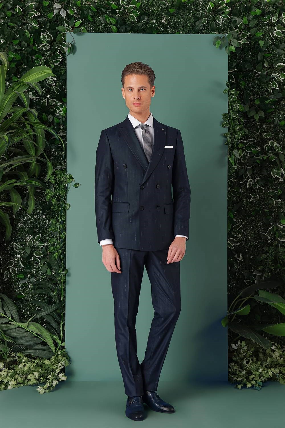 Slim Fit Yağmur Deseni Çizgili Kruvaze Klasik Lacivert Takım Elbise  Tk 888