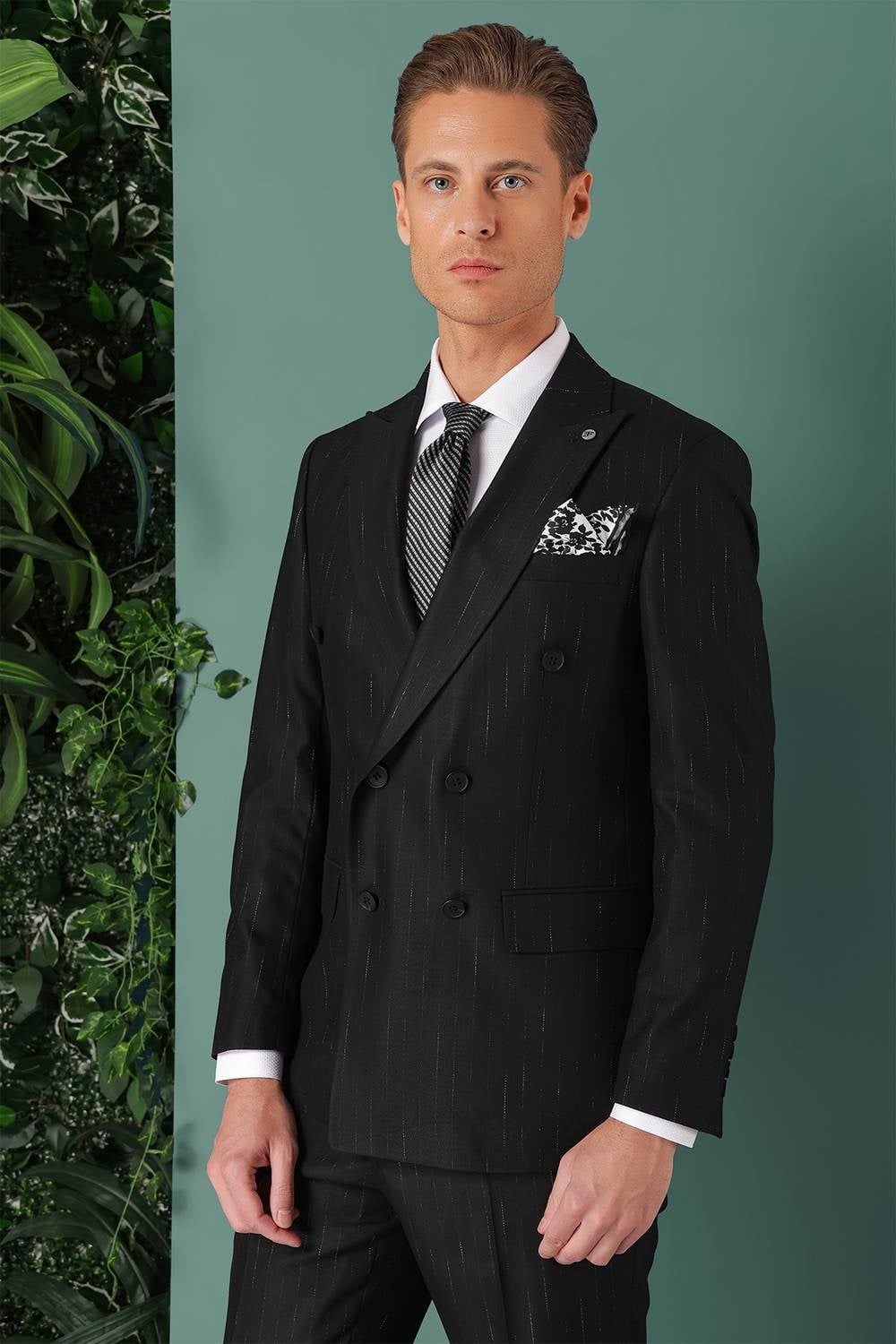 Slim Fit Yağmur Deseni Çizgili Kruvaze Klasik Siyah Takım Elbise  Tk 888