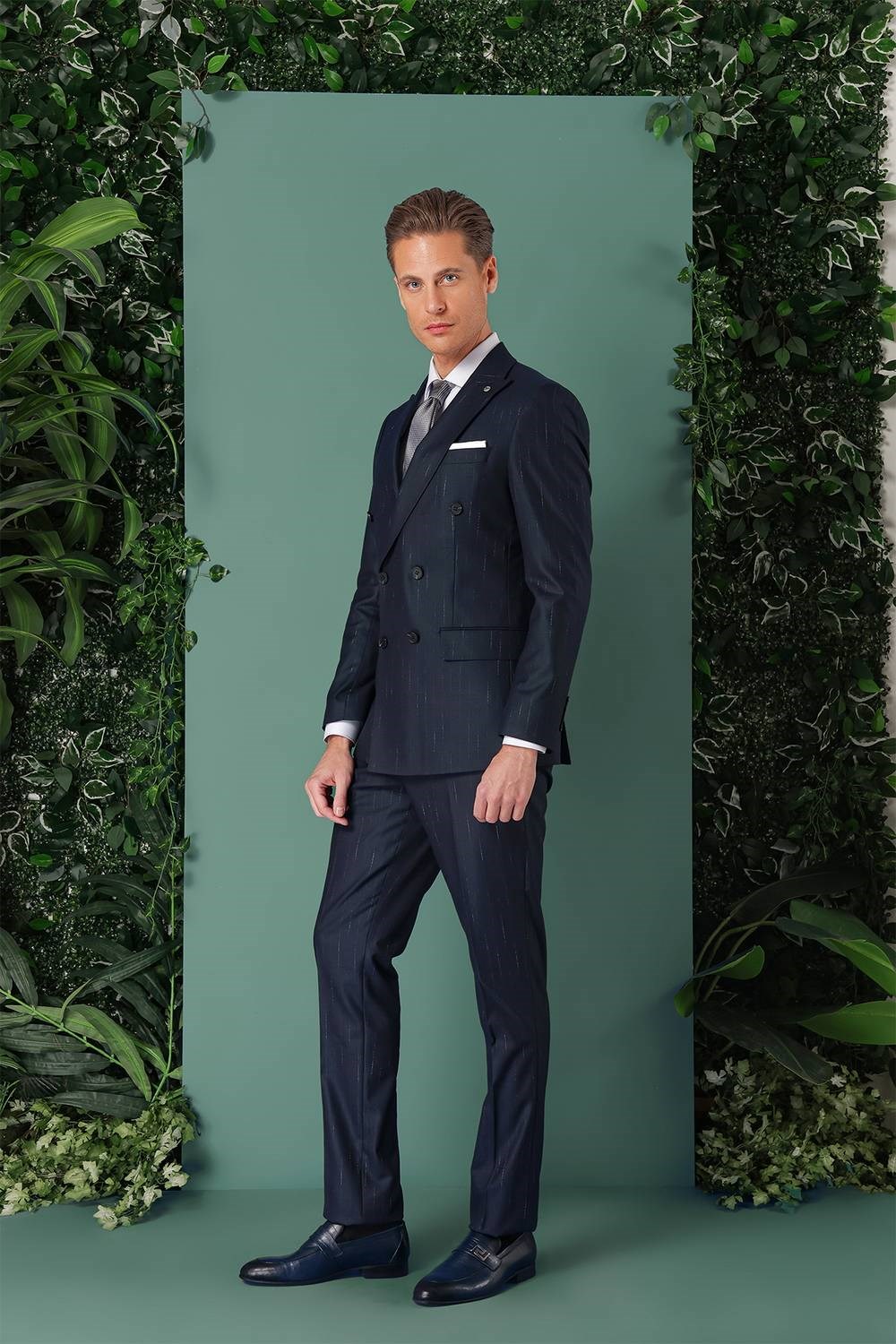 Slim Fit Yağmur Deseni Çizgili Kruvaze Klasik Lacivert Takım Elbise  Tk 888