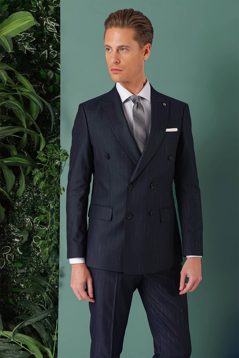 Slim Fit Yağmur Deseni Çizgili Kruvaze Klasik Lacivert Takım Elbise  Tk 888