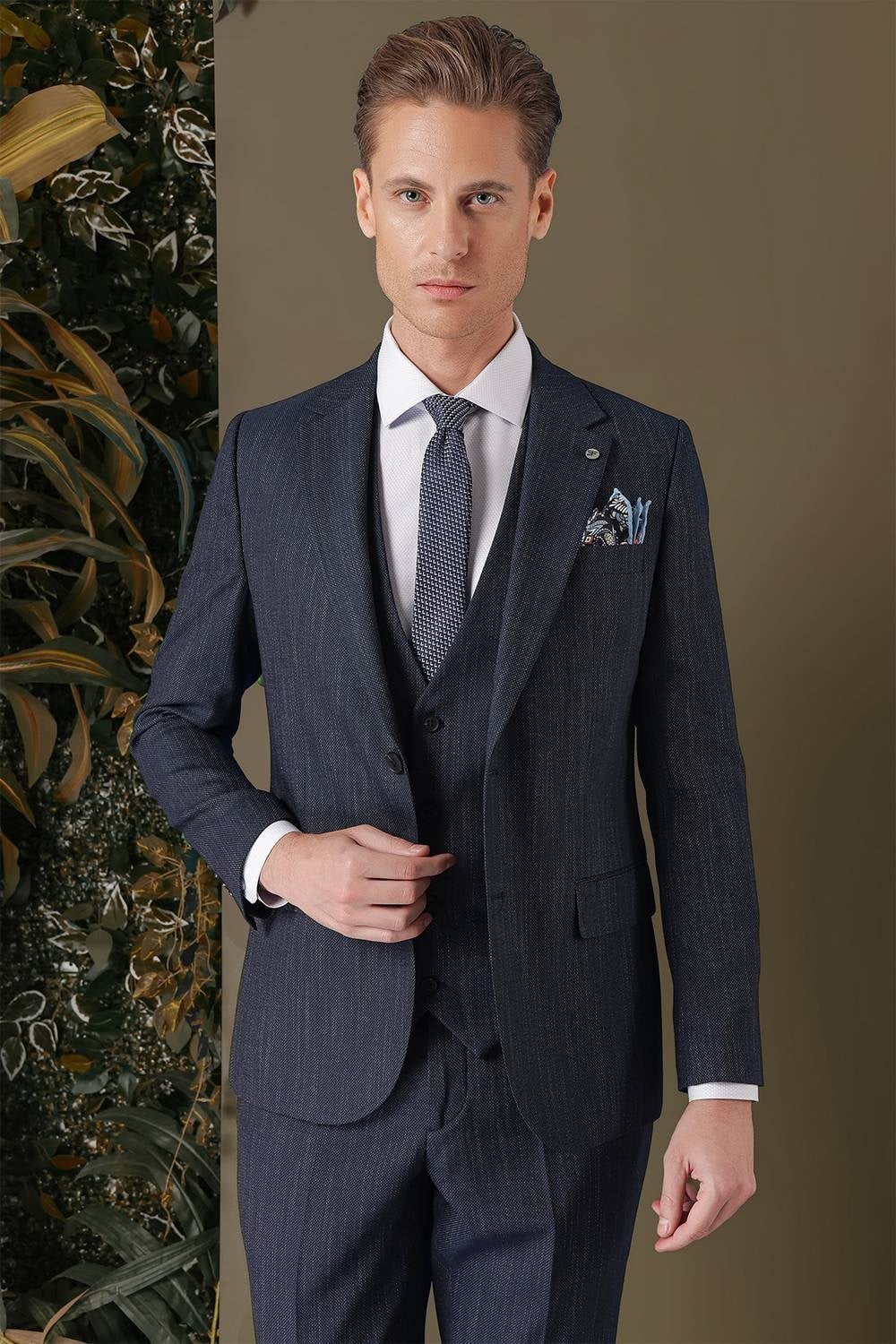 Slim Fit Yağmur Desenli Esnek Lacivert Yelekli Takım Elbise TK 883