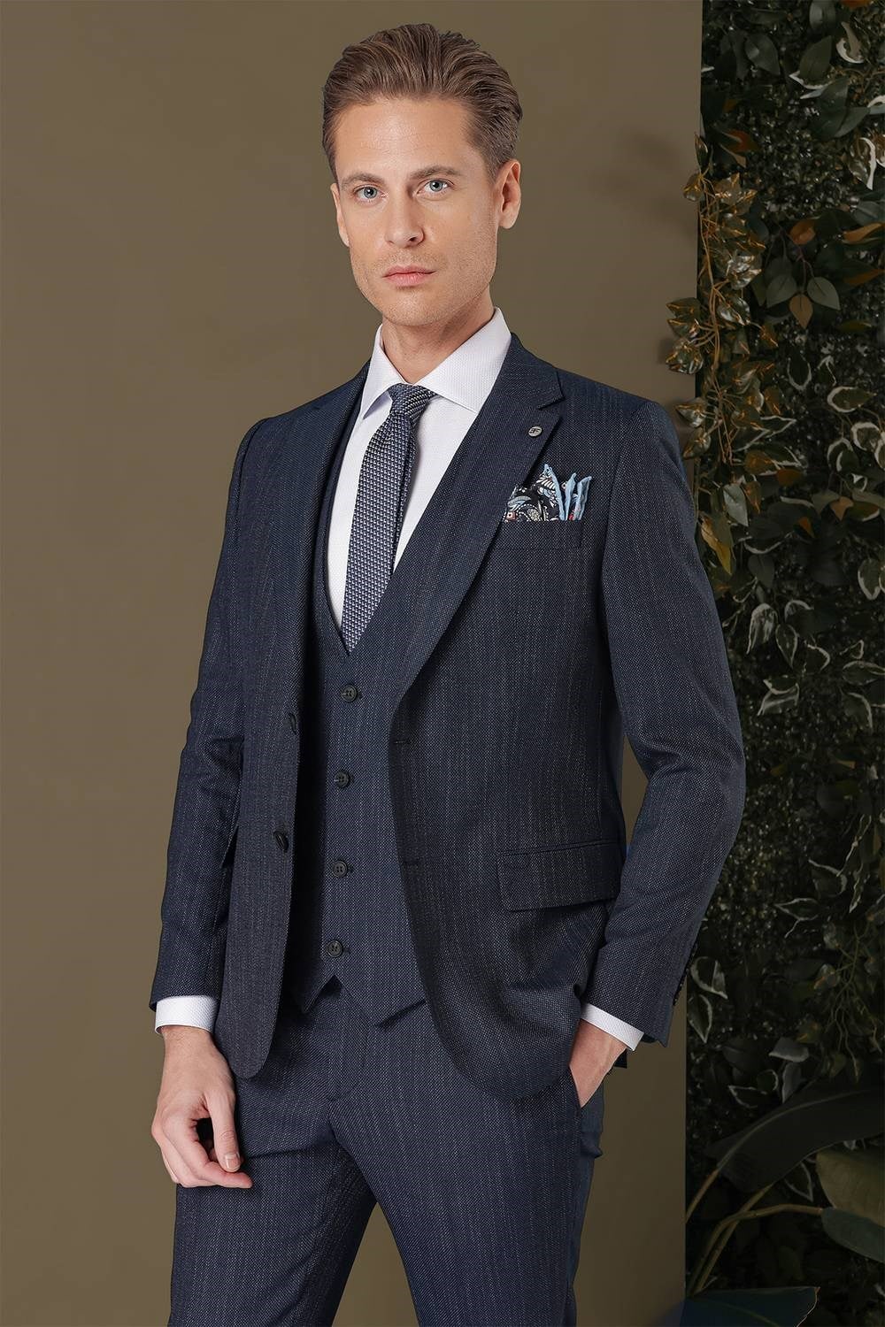 Slim Fit Yağmur Desenli Esnek Lacivert Yelekli Takım Elbise TK 883
