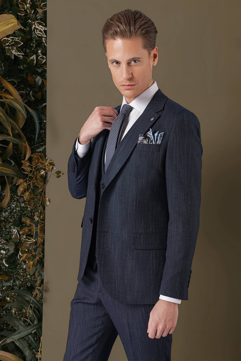 Slim Fit Yağmur Desenli Esnek Lacivert Yelekli Takım Elbise TK 883