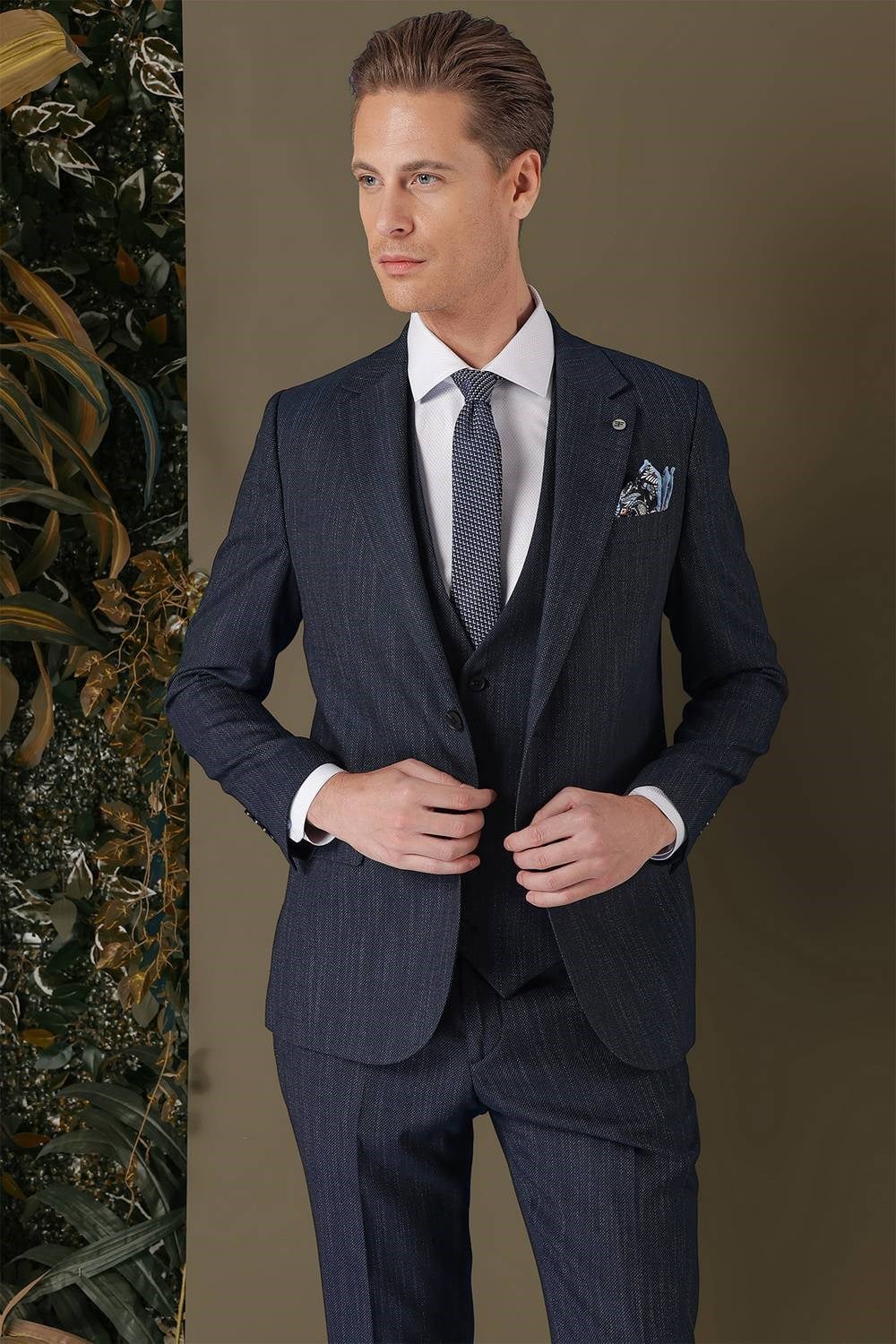 Slim Fit Yağmur Desenli Esnek Lacivert Yelekli Takım Elbise TK 883