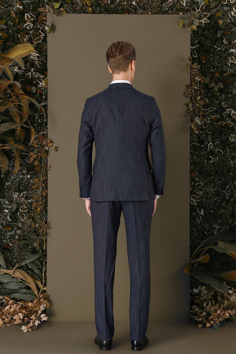 Slim Fit Yağmur Desenli Esnek Lacivert Yelekli Takım Elbise TK 883