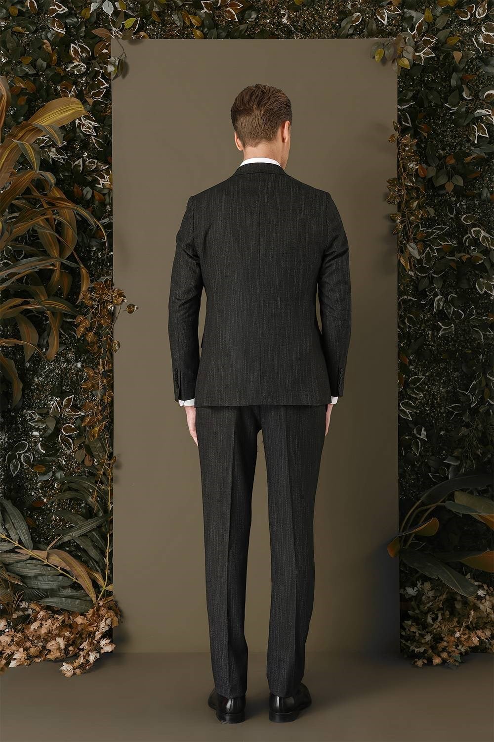 Slim Fit Yağmur Desenli Esnek Siyah Yelekli Takım Elbise TK 883