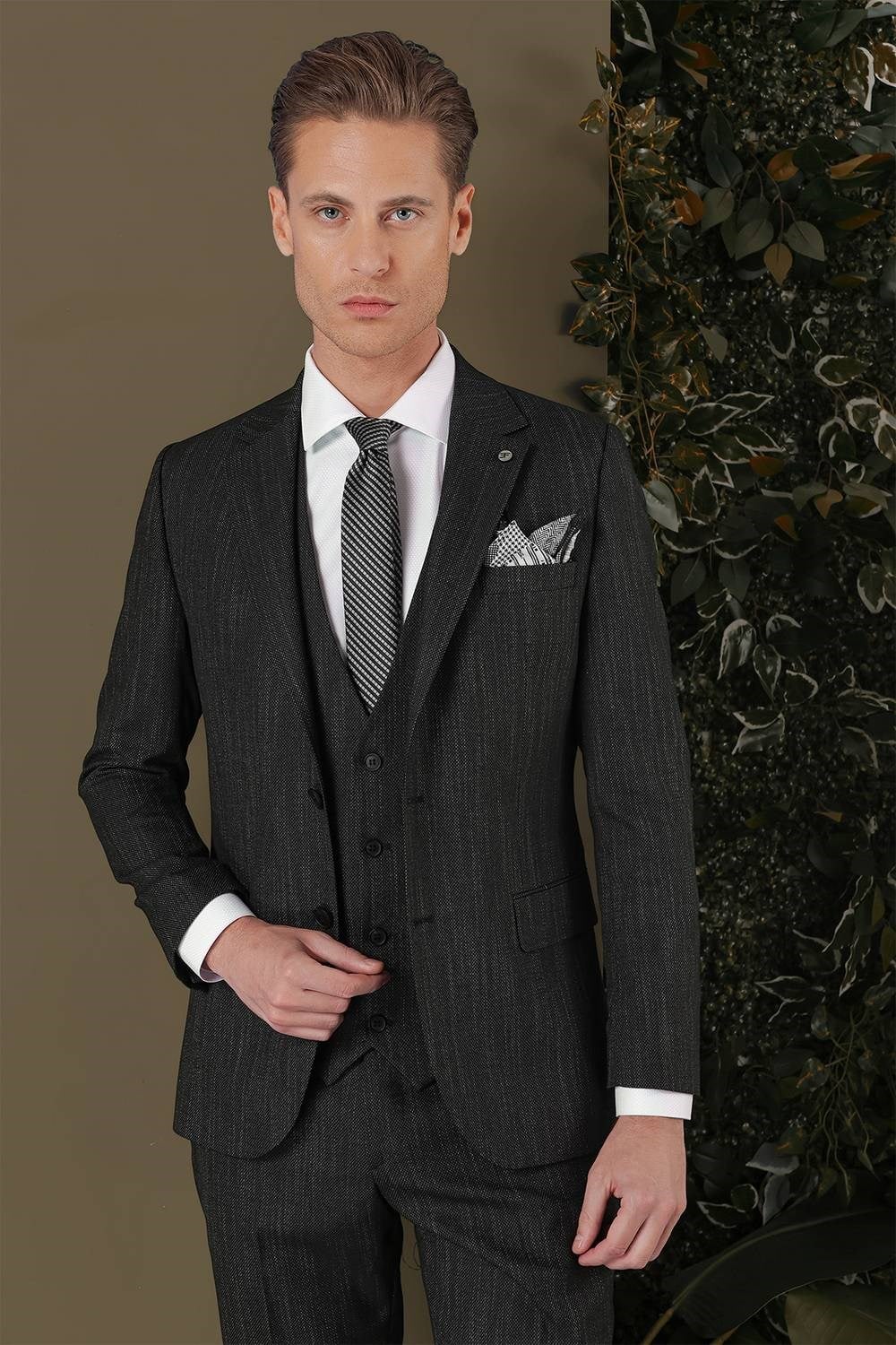 Slim Fit Yağmur Desenli Esnek Siyah Yelekli Takım Elbise TK 883