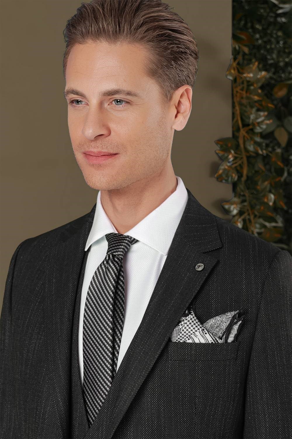 Slim Fit Yağmur Desenli Esnek Siyah Yelekli Takım Elbise TK 883