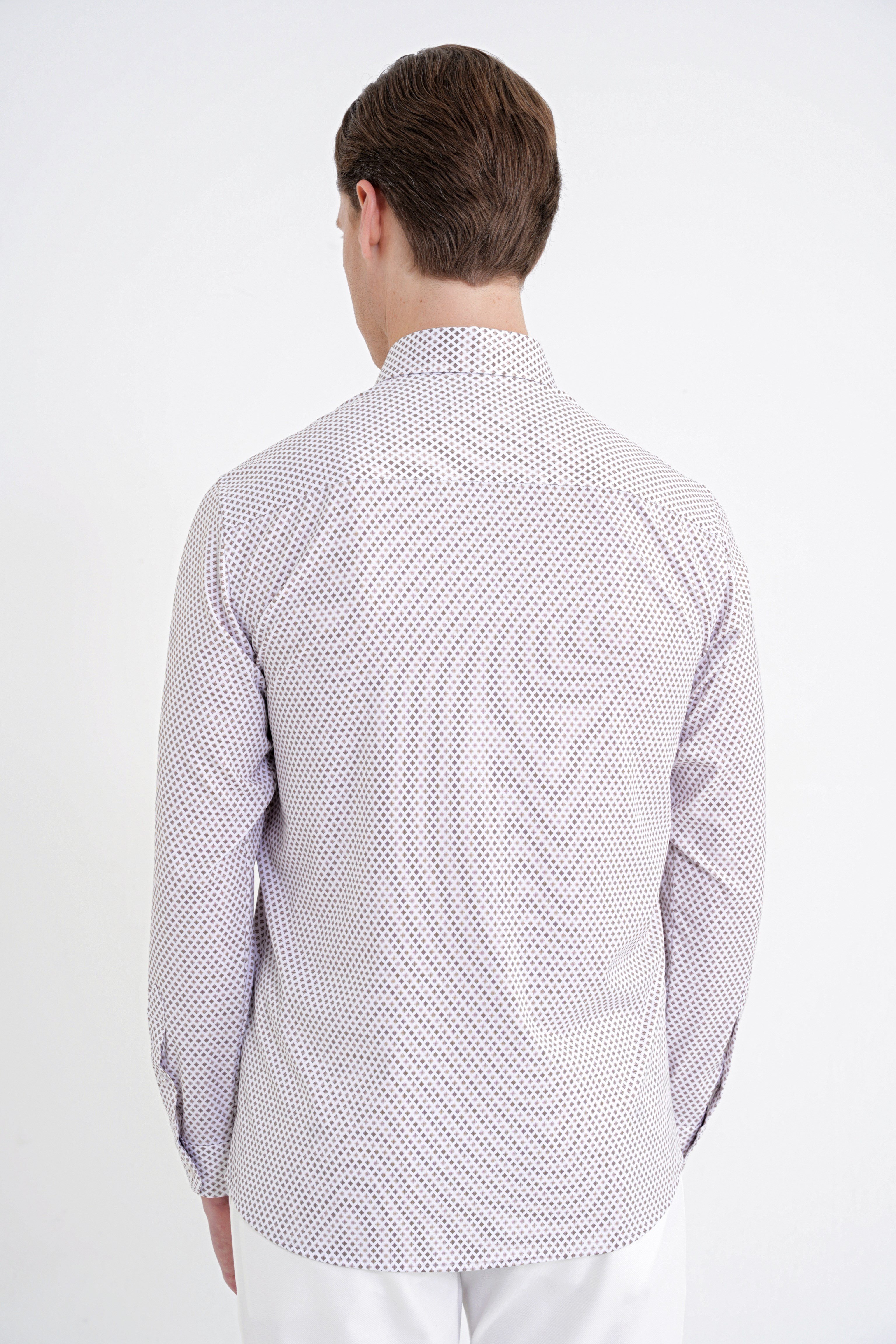 Slim Fit Yaka Düğmeli Baskılı Pamuklu Beyaz Gömlek G 1605