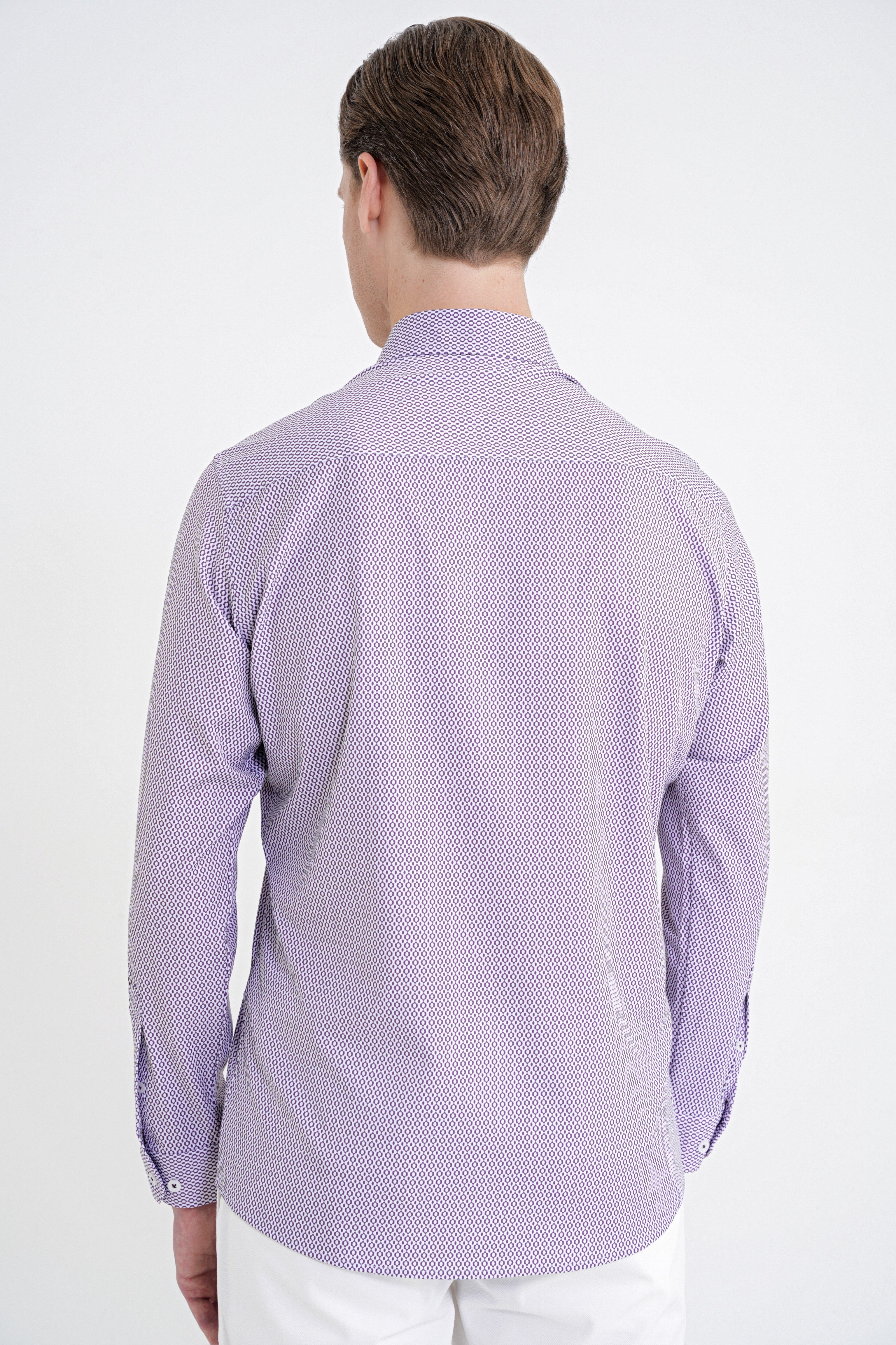 Slim Fit Yaka Düğmeli Baskılı Pamuklu Bordo Gömlek G 1606