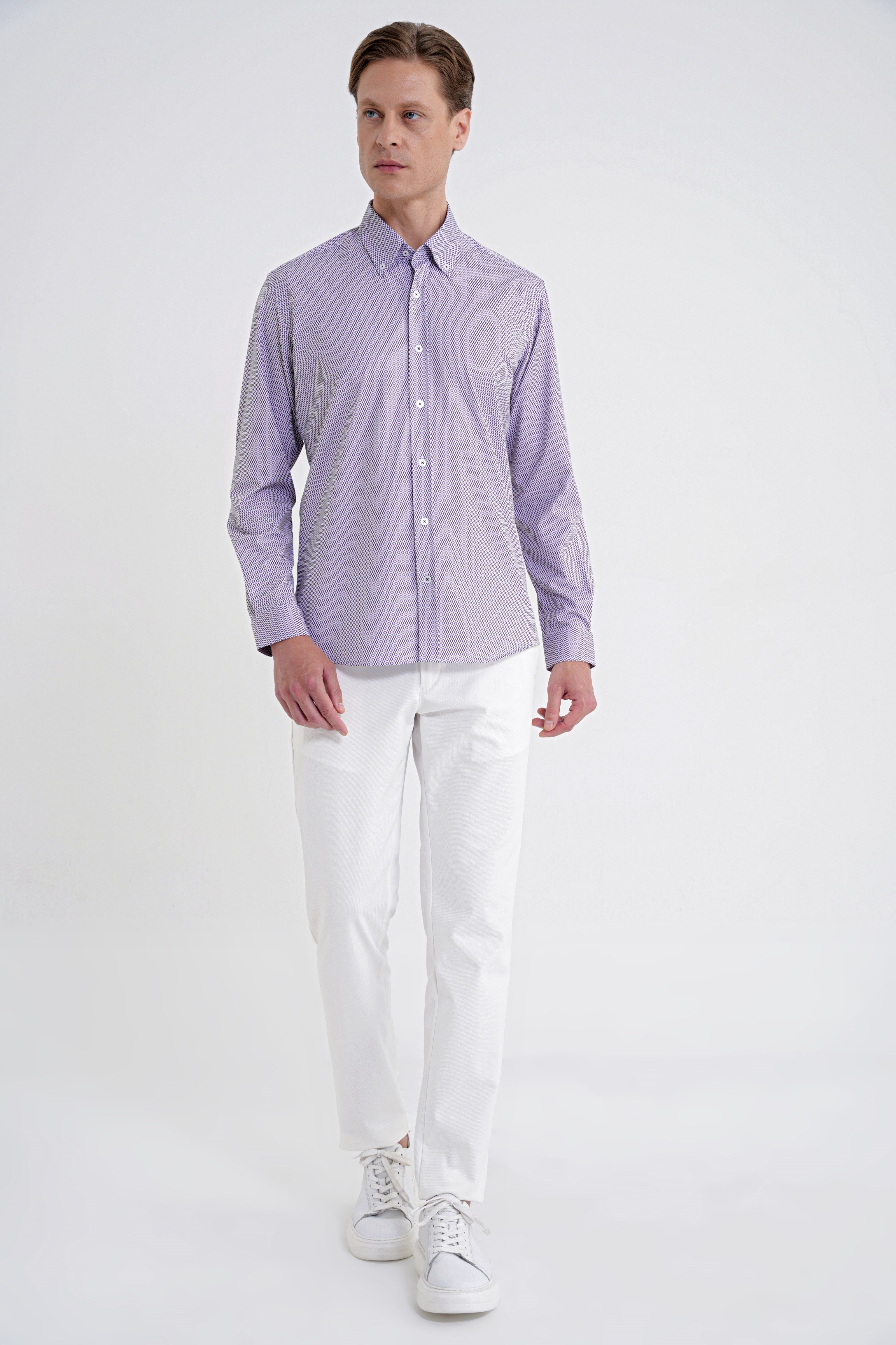 Slim Fit Yaka Düğmeli Baskılı Pamuklu Bordo Gömlek G 1606