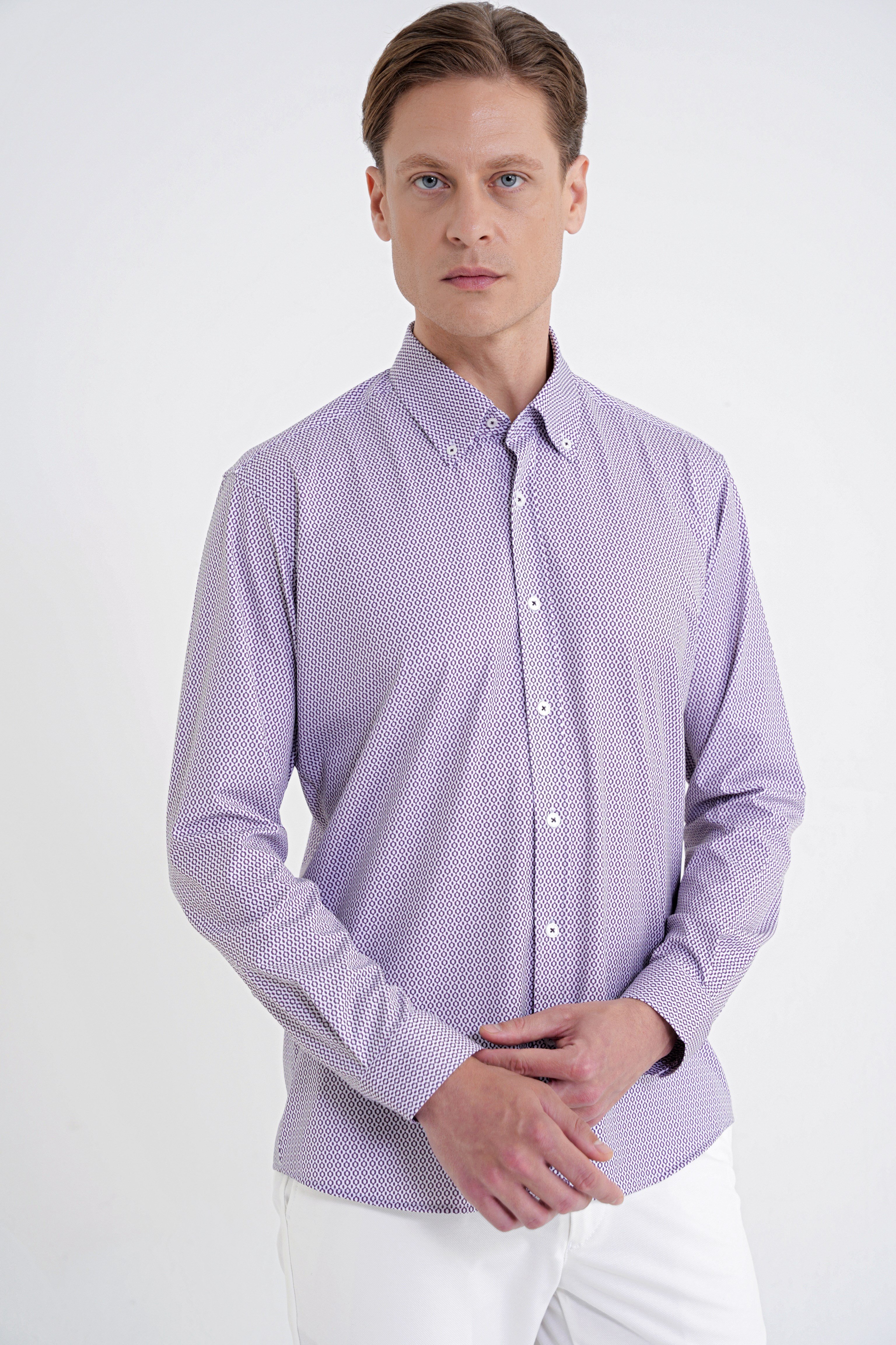 Slim Fit Yaka Düğmeli Baskılı Pamuklu Bordo Gömlek G 1606