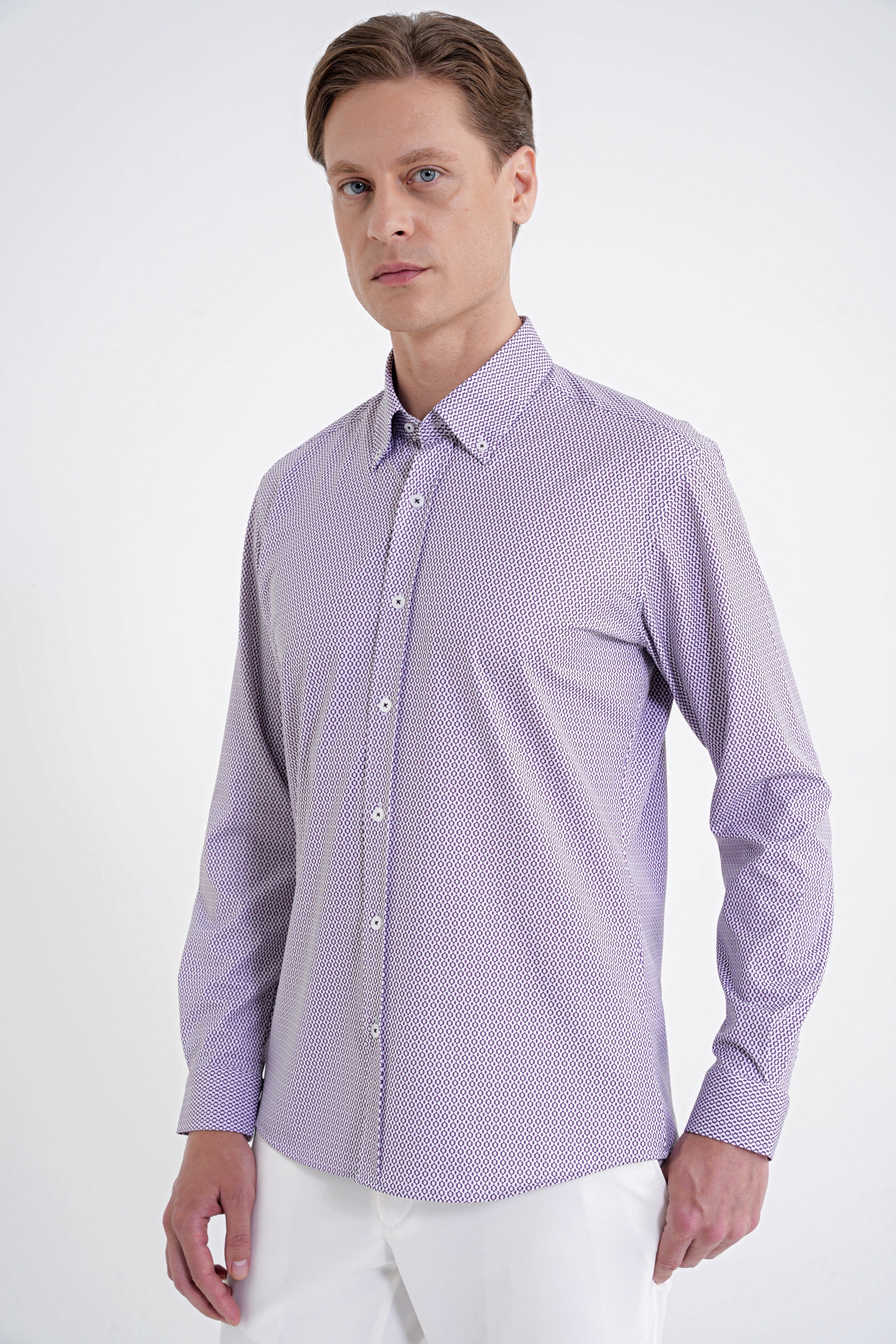 Slim Fit Yaka Düğmeli Baskılı Pamuklu Bordo Gömlek G 1606
