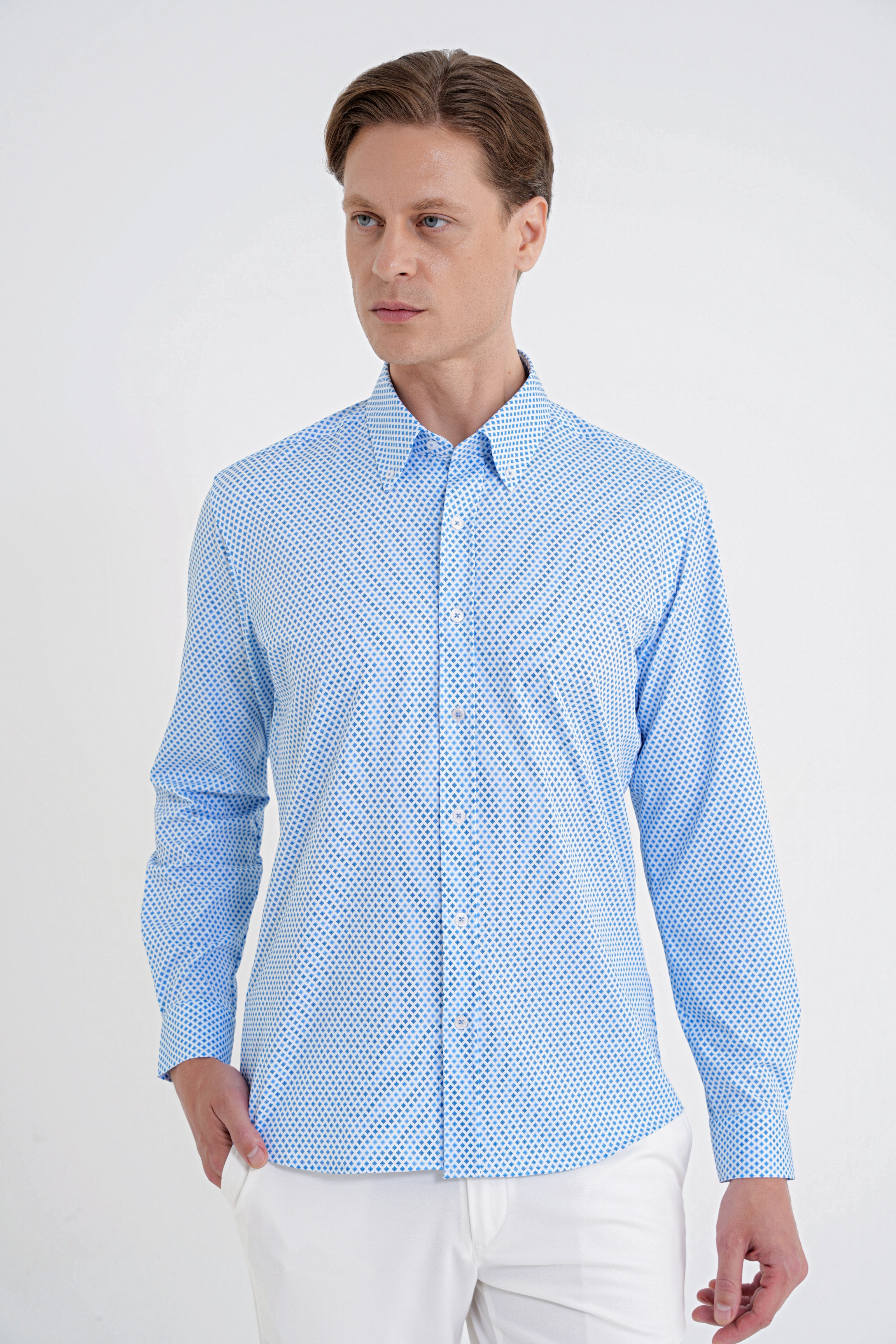Slim Fit Yaka Düğmeli Baskılı Pamuklu Mavi Gömlek G 1605