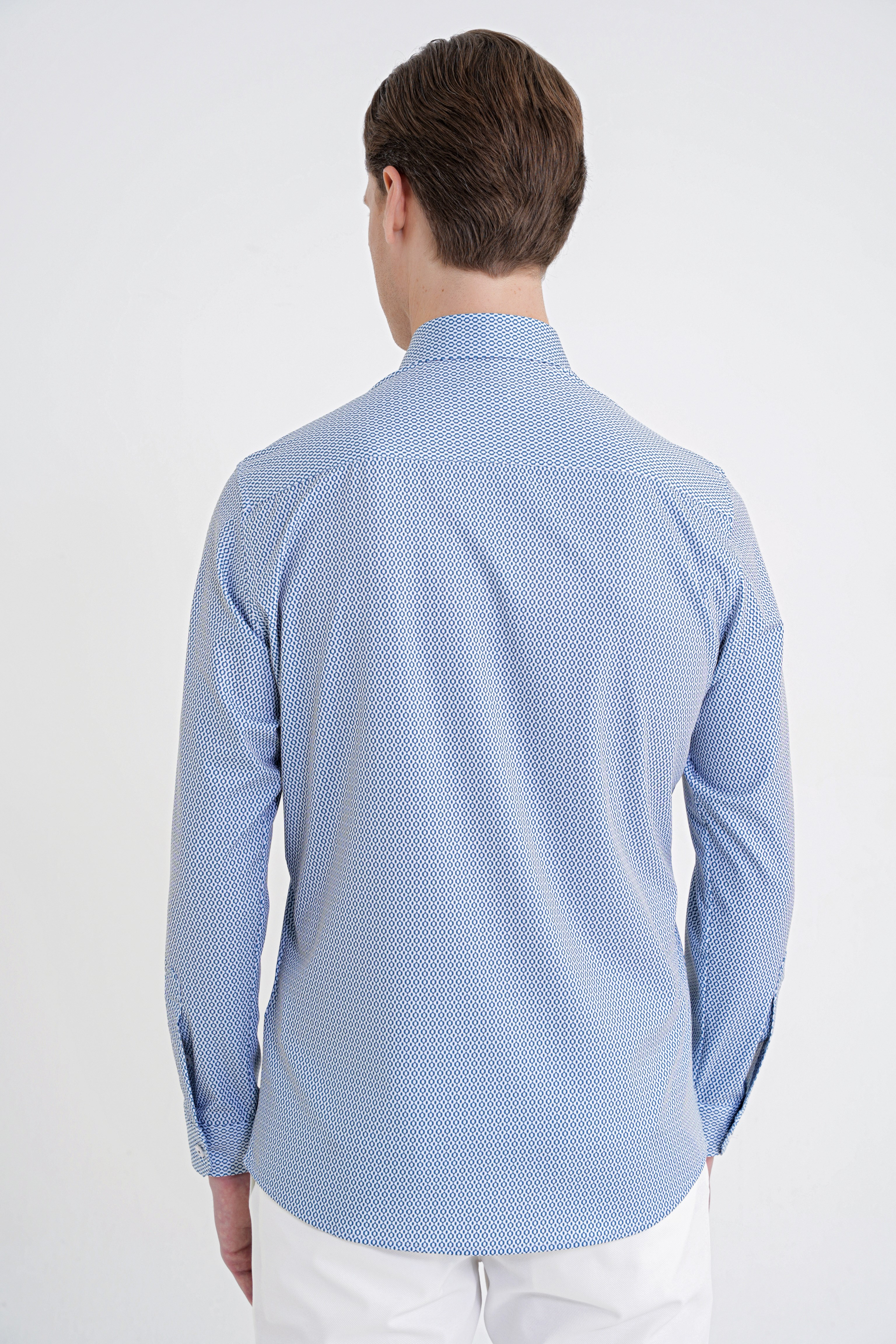 Slim Fit Yaka Düğmeli Baskılı Pamuklu Mavi Gömlek G 1606