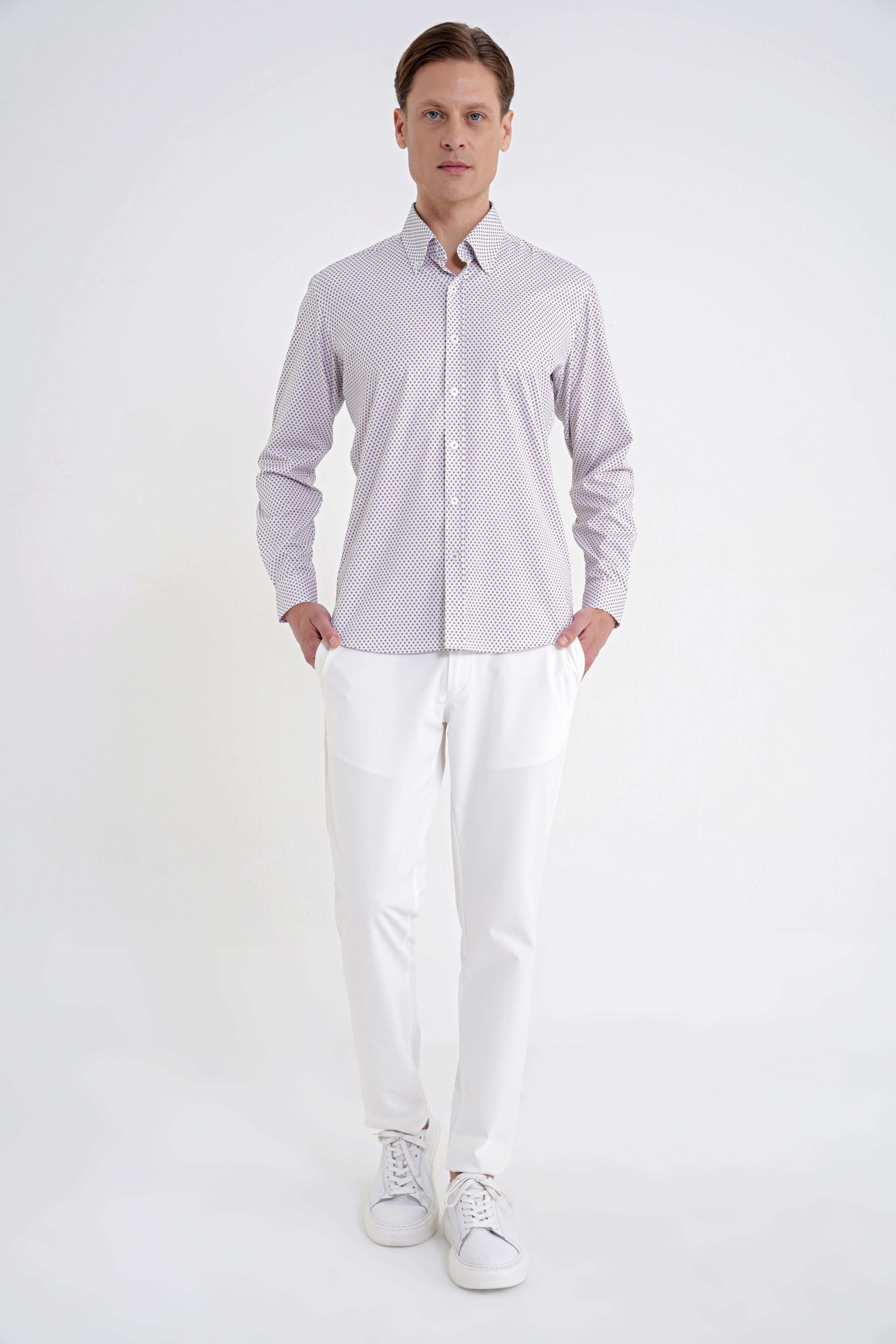 Slim Fit Yaka Düğmeli Baskılı Pamuklu Beyaz Gömlek G 1605